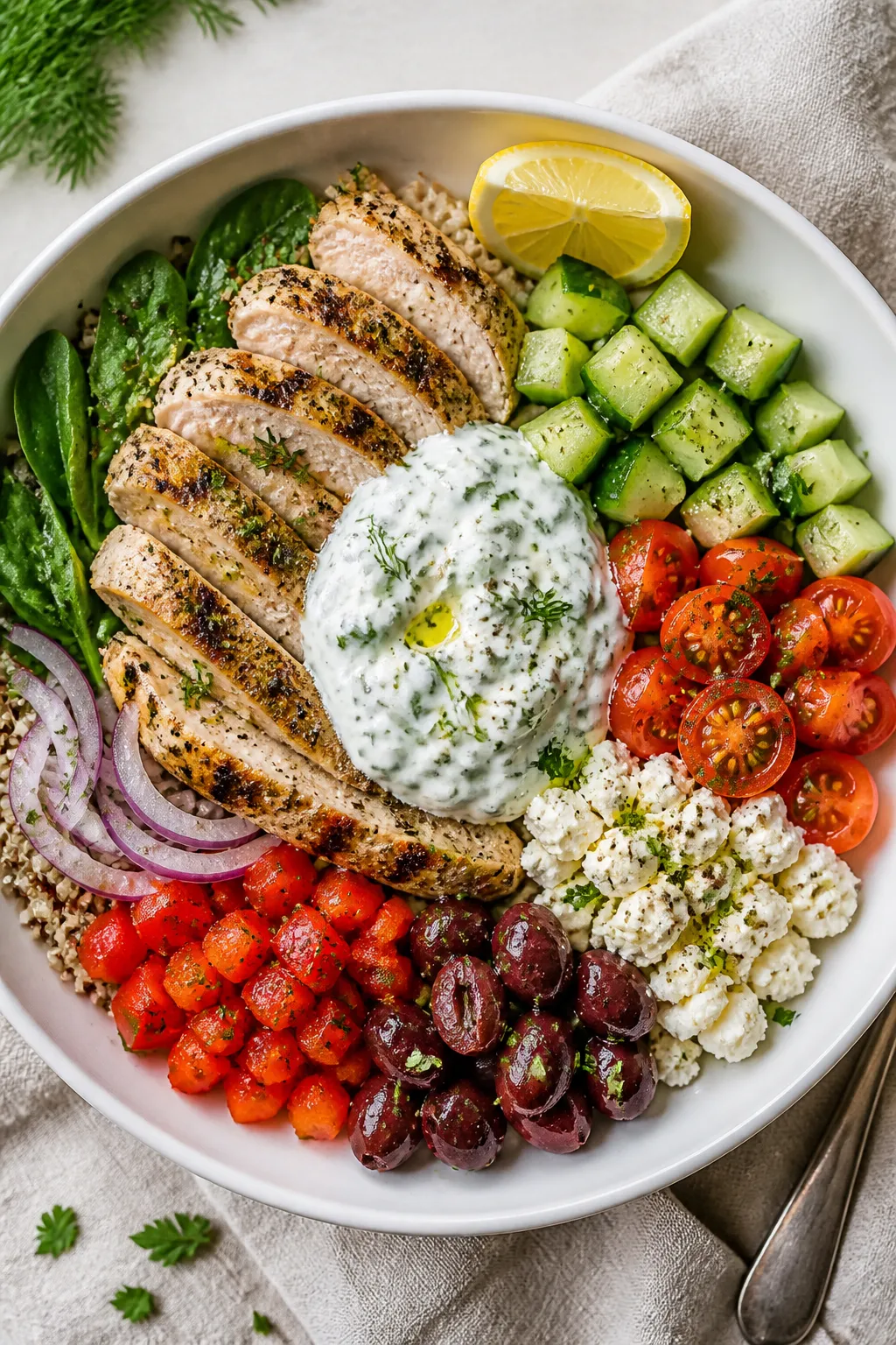 Tasty top view, assembled bowl: Overhead shot of a Greek Chicken Power Bowl arranged in color-blocke
