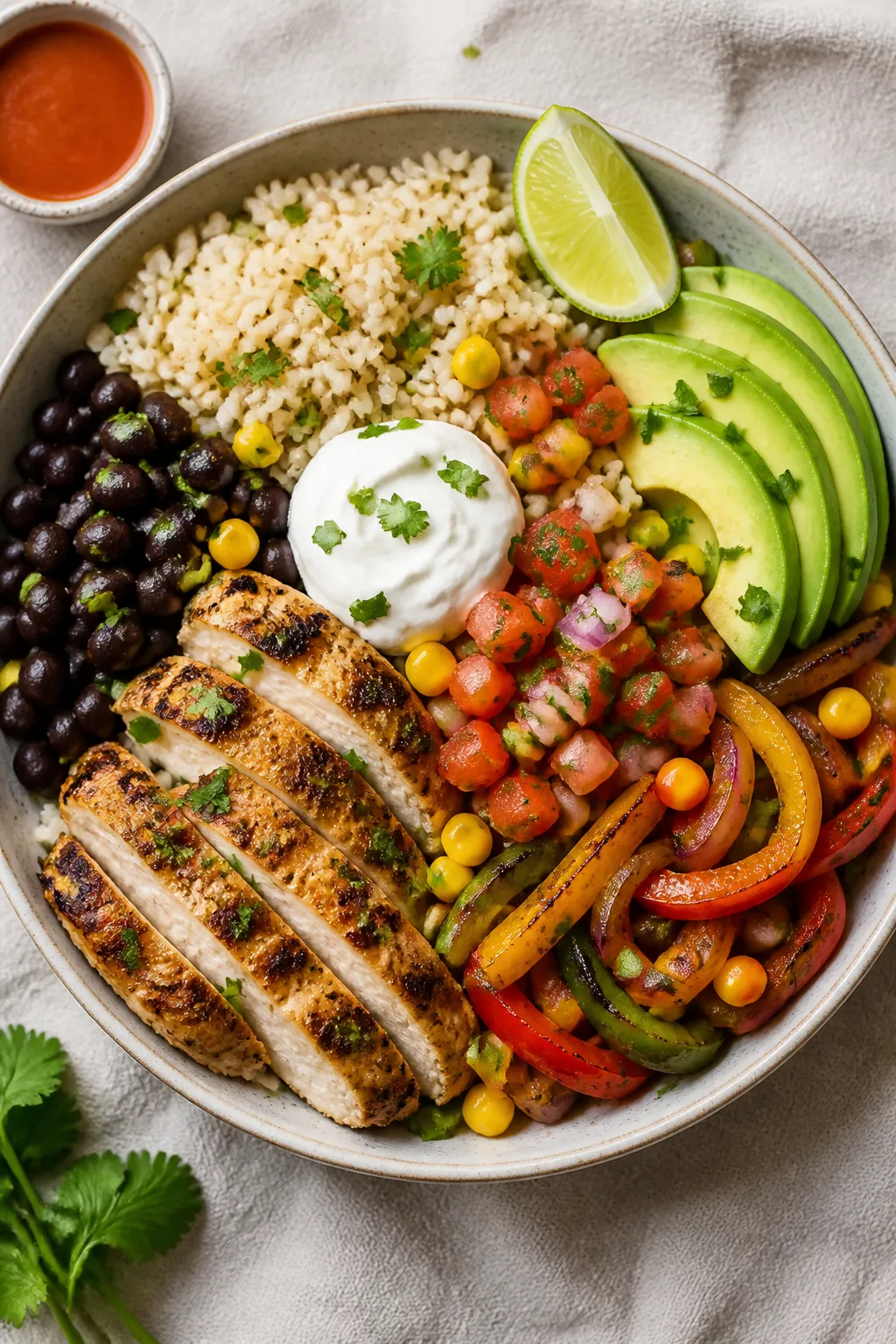 Tasty top view, assembled bowl: Overhead shot of a Chicken Fajita Protein Bowl artfully arranged—h