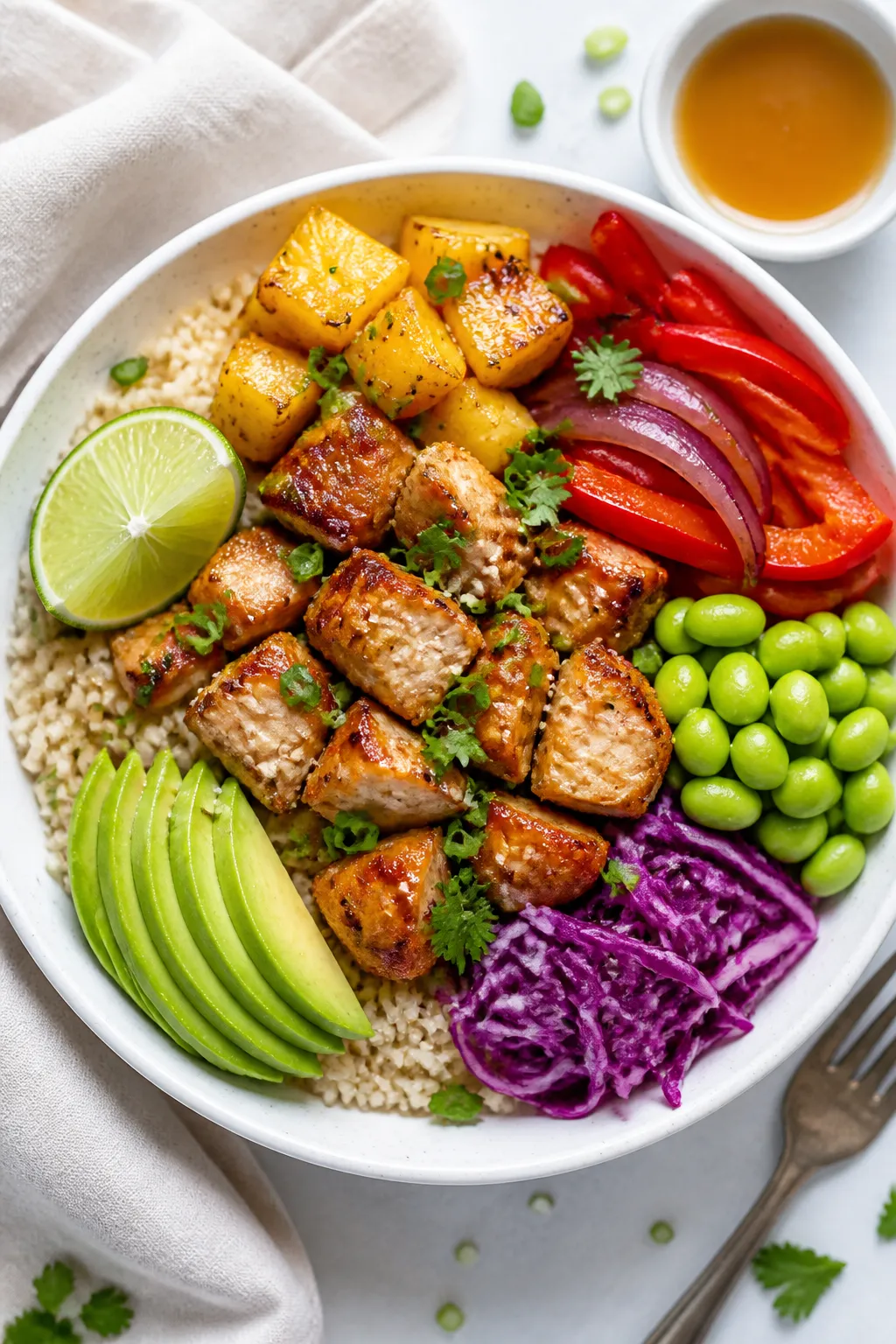 Tasty top view, assembled bowl: Overhead shot of a Healthy Hawaiian Chicken Bowl on a matte white sh