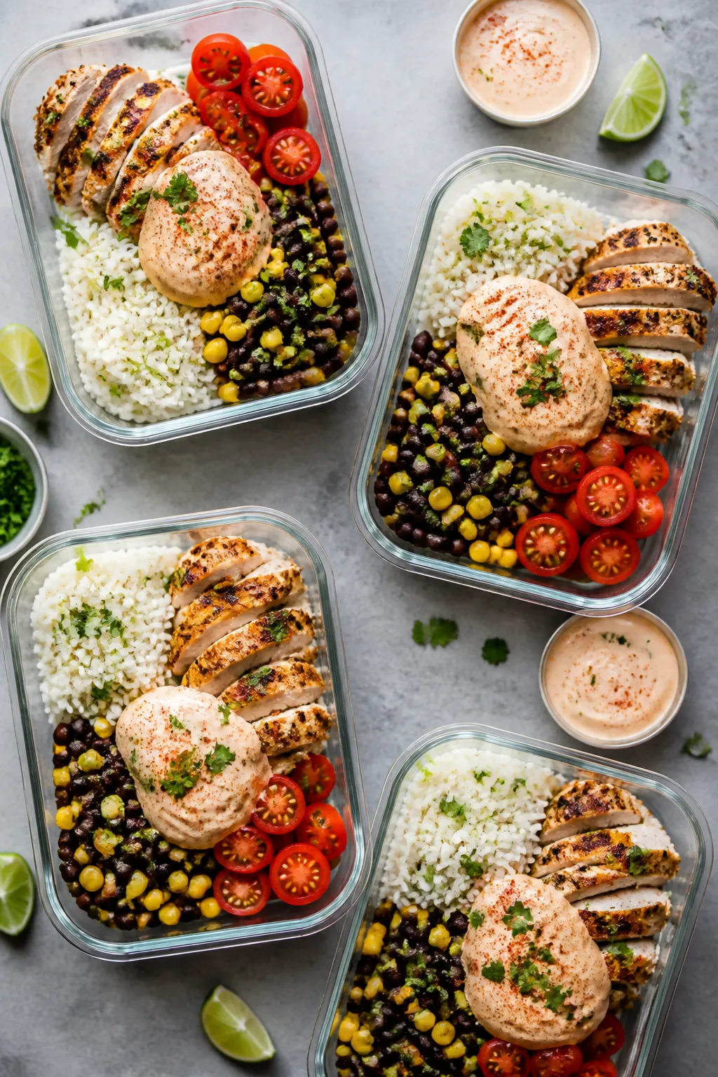 Tasty top view, assembled meal prep: Overhead shot of multiple burrito bowl containers neatly arrang