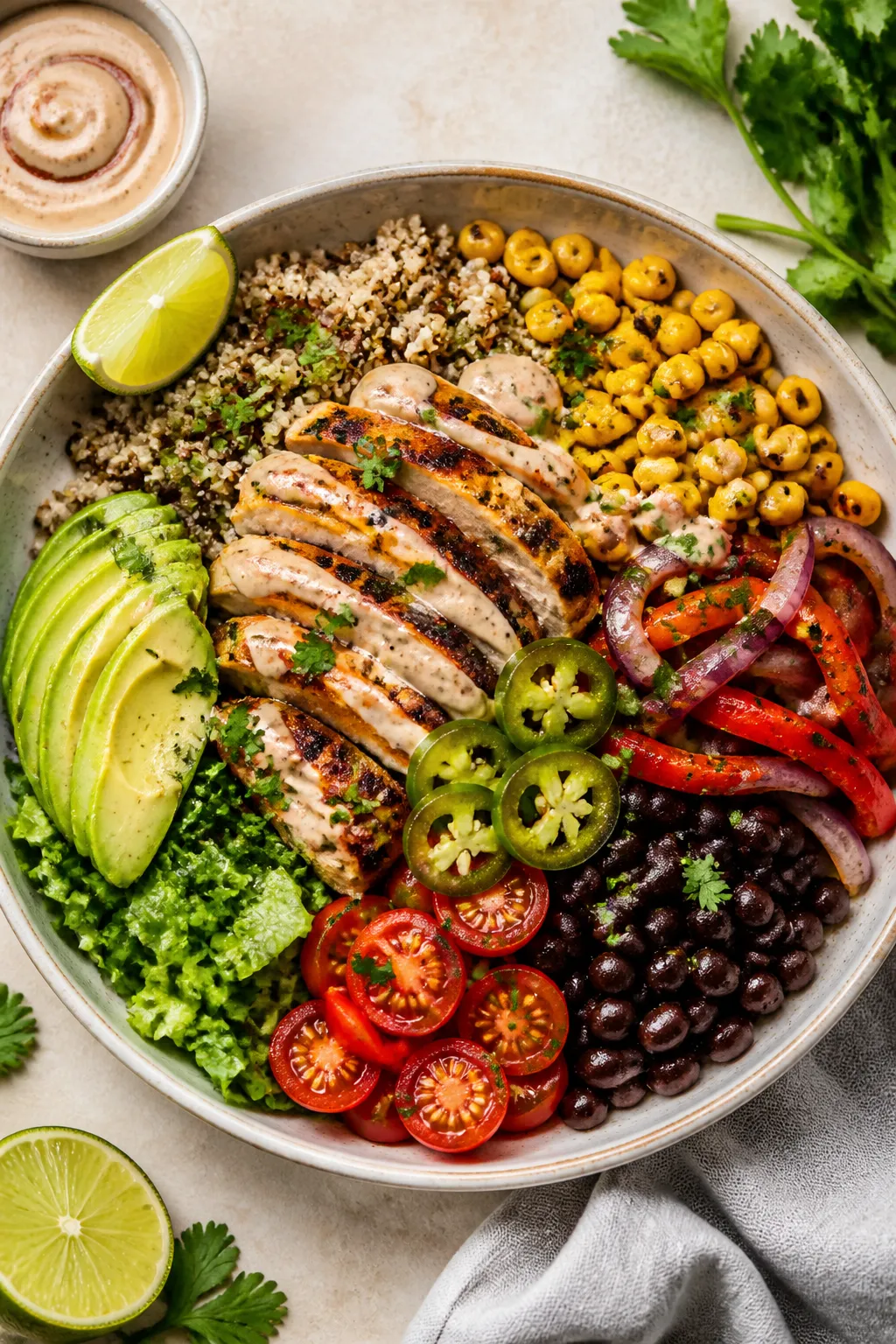 Tasty top view – assembly of the BBQ Chicken Protein Bowl: Overhead shot of a colorful bowl mid-as