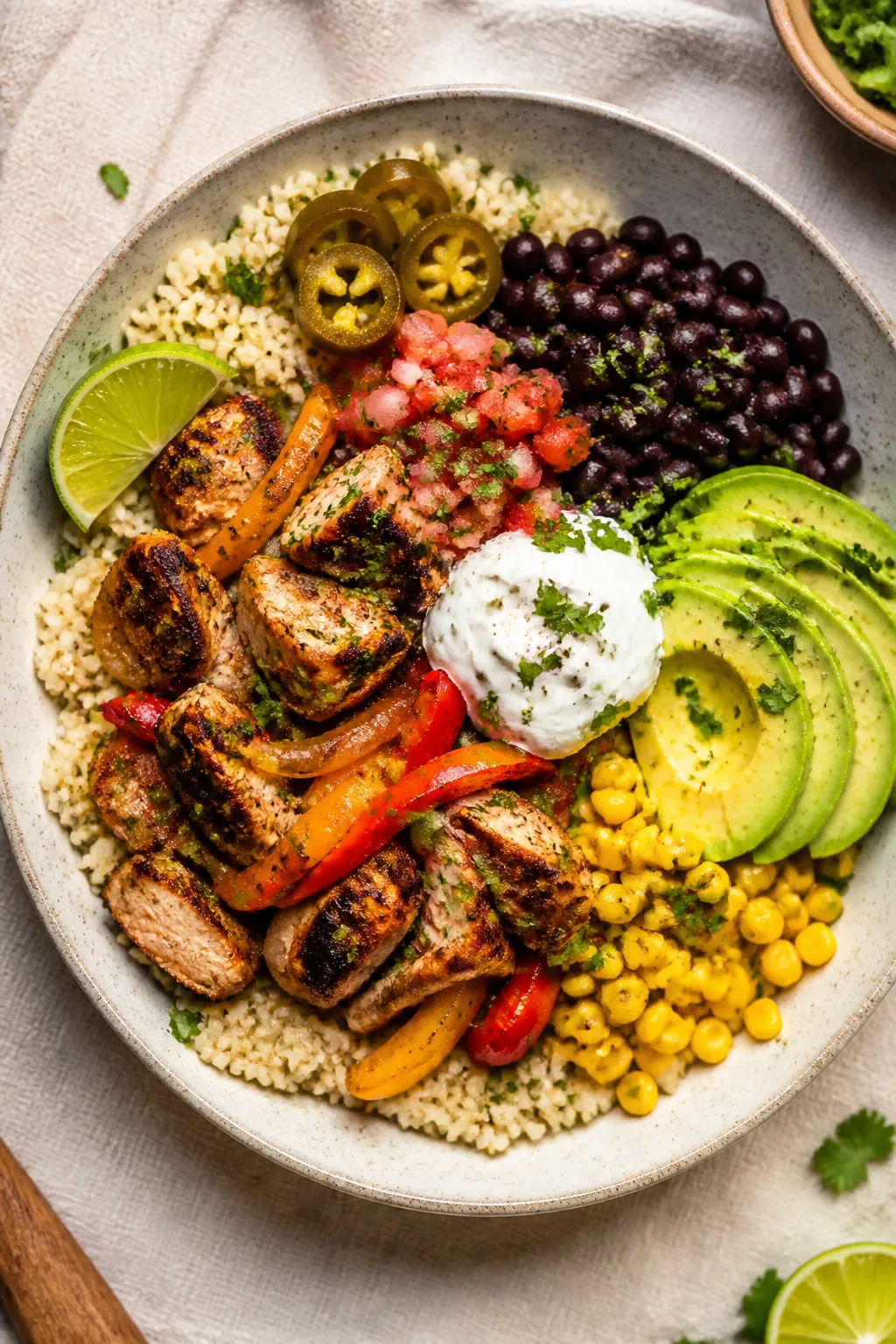 Tasty top view assembly: Overhead shot of a built High Protein Chicken Fajita Bowl in a wide ceramic