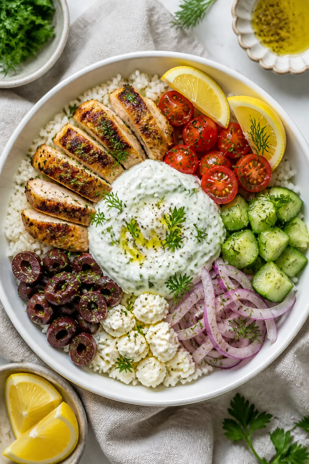 Tasty top view, assembly: Overhead shot of Greek Chicken and Rice Bowls mid-assembly—fluffy basmat