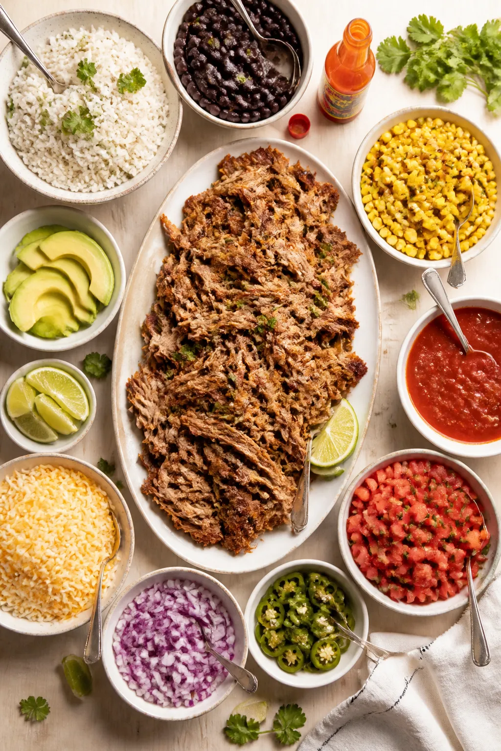 Tasty top view, assembly scene: Overhead shot of a DIY burrito bowl spread on a light wood table—i