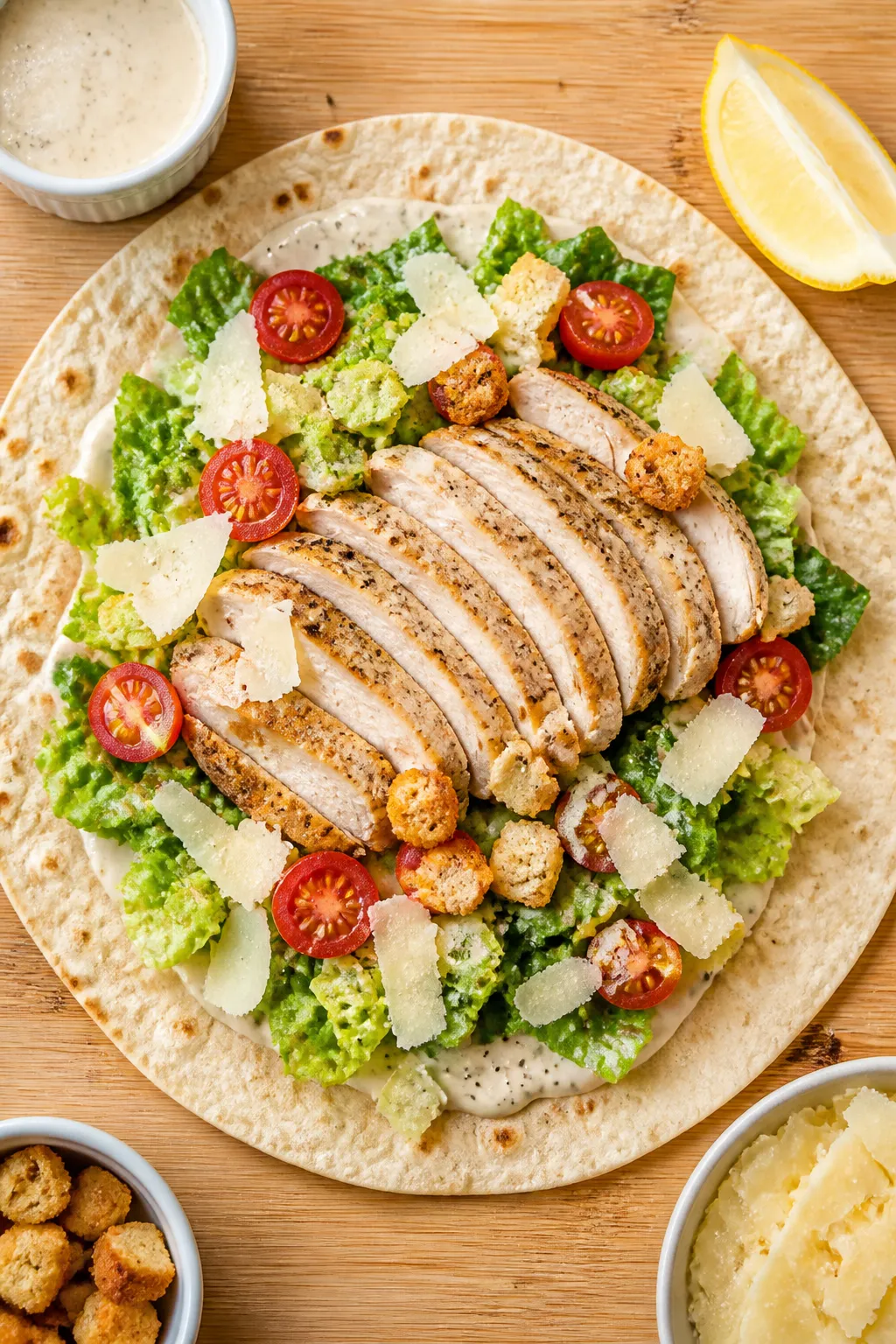 Tasty top view, assembly scene: Overhead shot of a warm high-protein tortilla on a light wooden boar