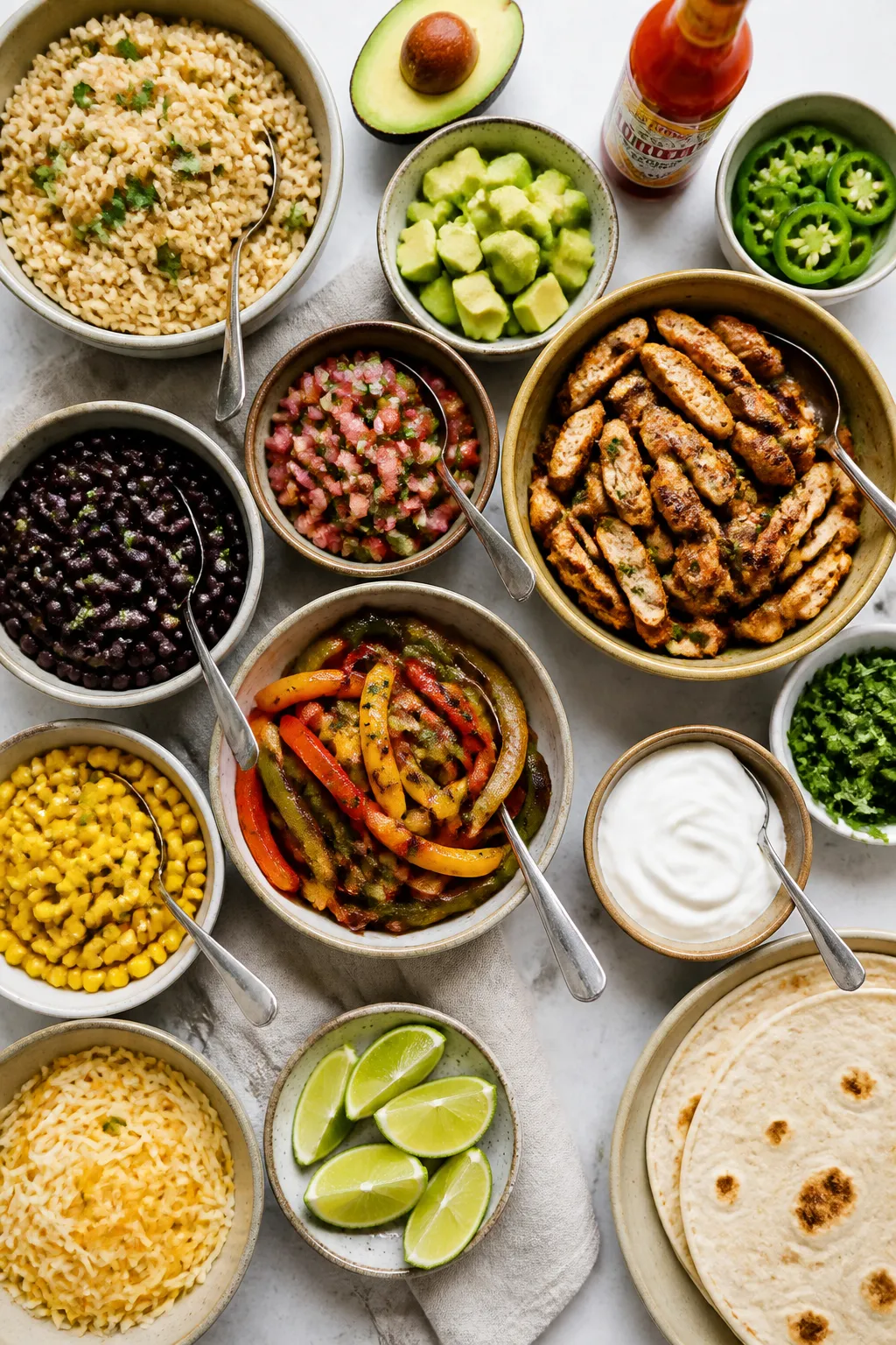 Tasty top view, build-your-own bar: Overhead shot of a DIY Healthy Chicken Fajita Bowl spread, featu