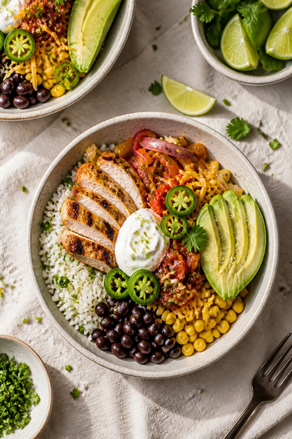 Tasty top view — Build-your-own bowl layout: Overhead shot of assembled chicken taco rice bowls wi