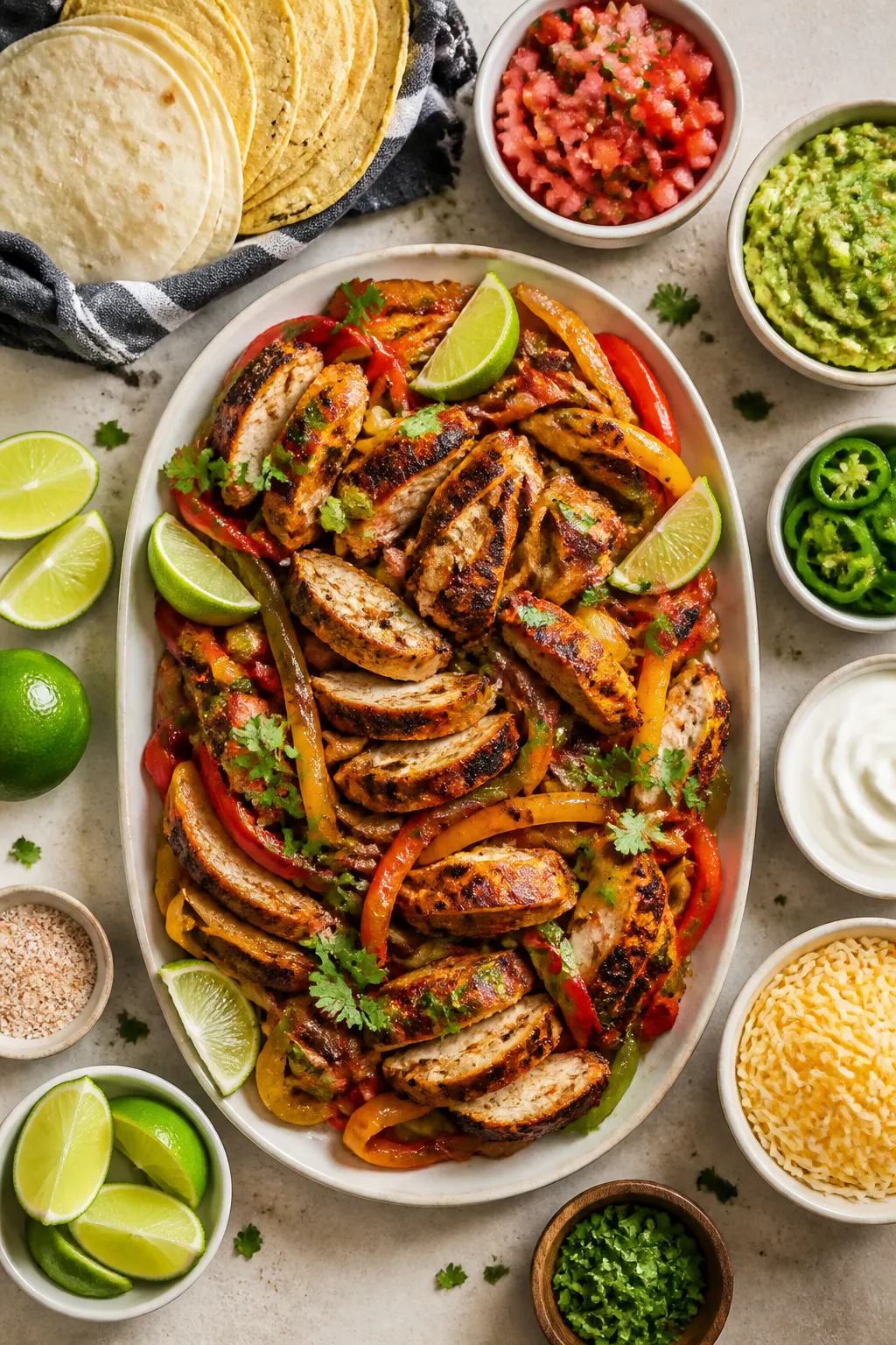 Tasty top-view, build-your-own spread: Overhead shot of finished Air Fryer Chicken Fajitas arranged 