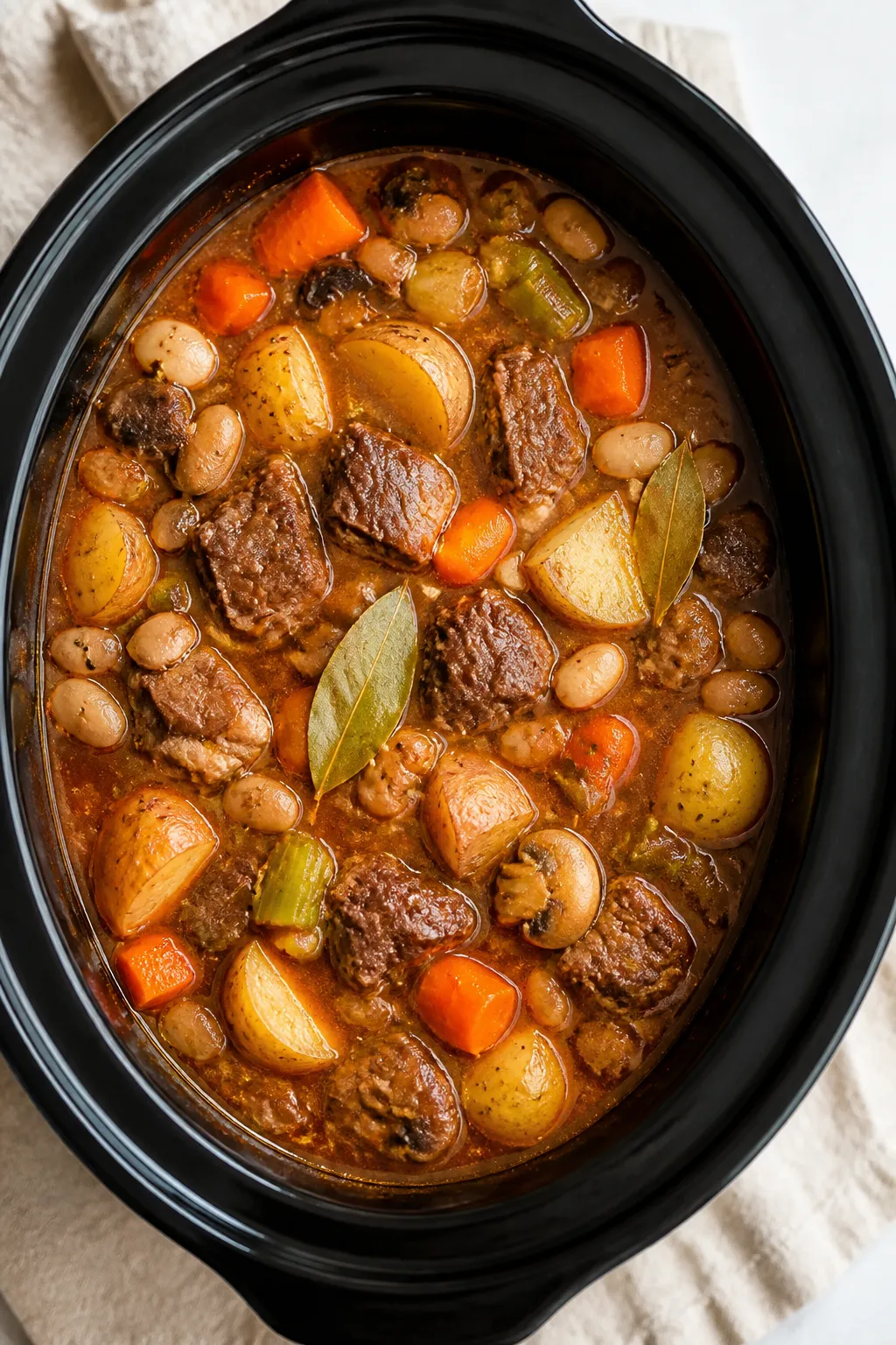 Tasty top view — Crockpot scene near finish: Overhead shot of the slow cooker filled with fully co