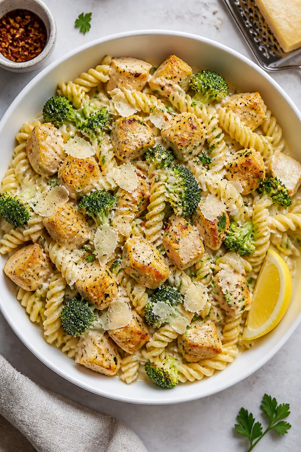 Tasty top view, family-style: Overhead shot of High Protein Chicken Broccoli Pasta in a wide, low wh