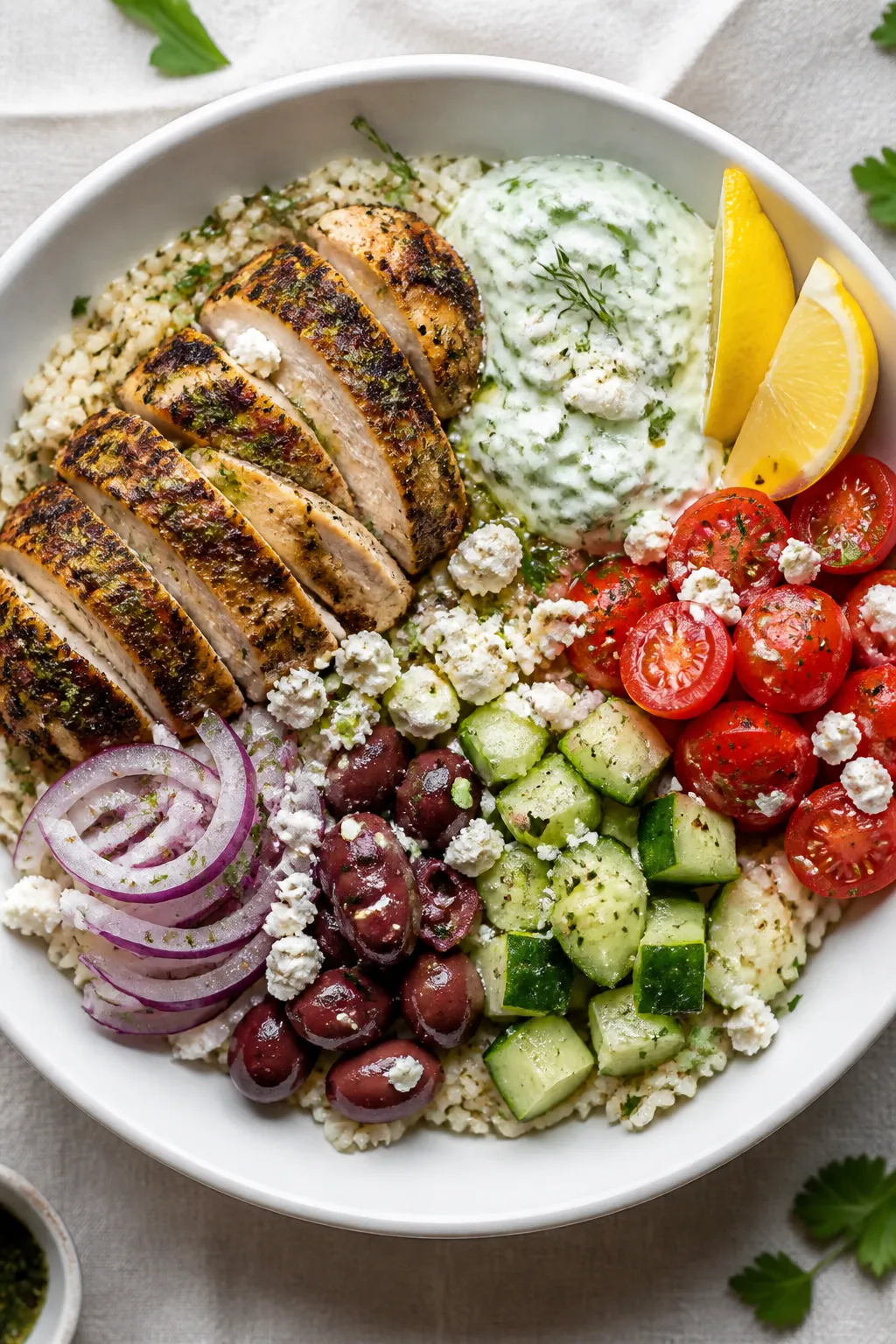 Tasty top view final bowl: Overhead shot of a fully assembled Air Fryer Greek Chicken Bowl—fluffy