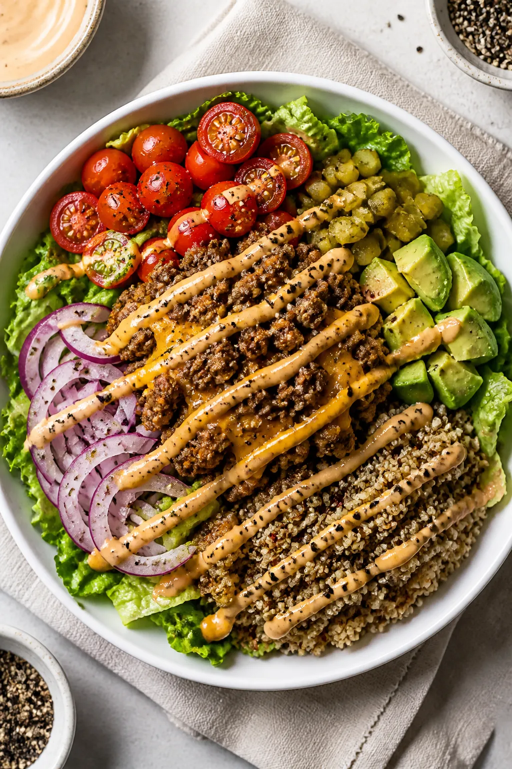 Tasty top-view final bowl: Overhead shot of a fully assembled High Protein Cheeseburger Bowl—romai