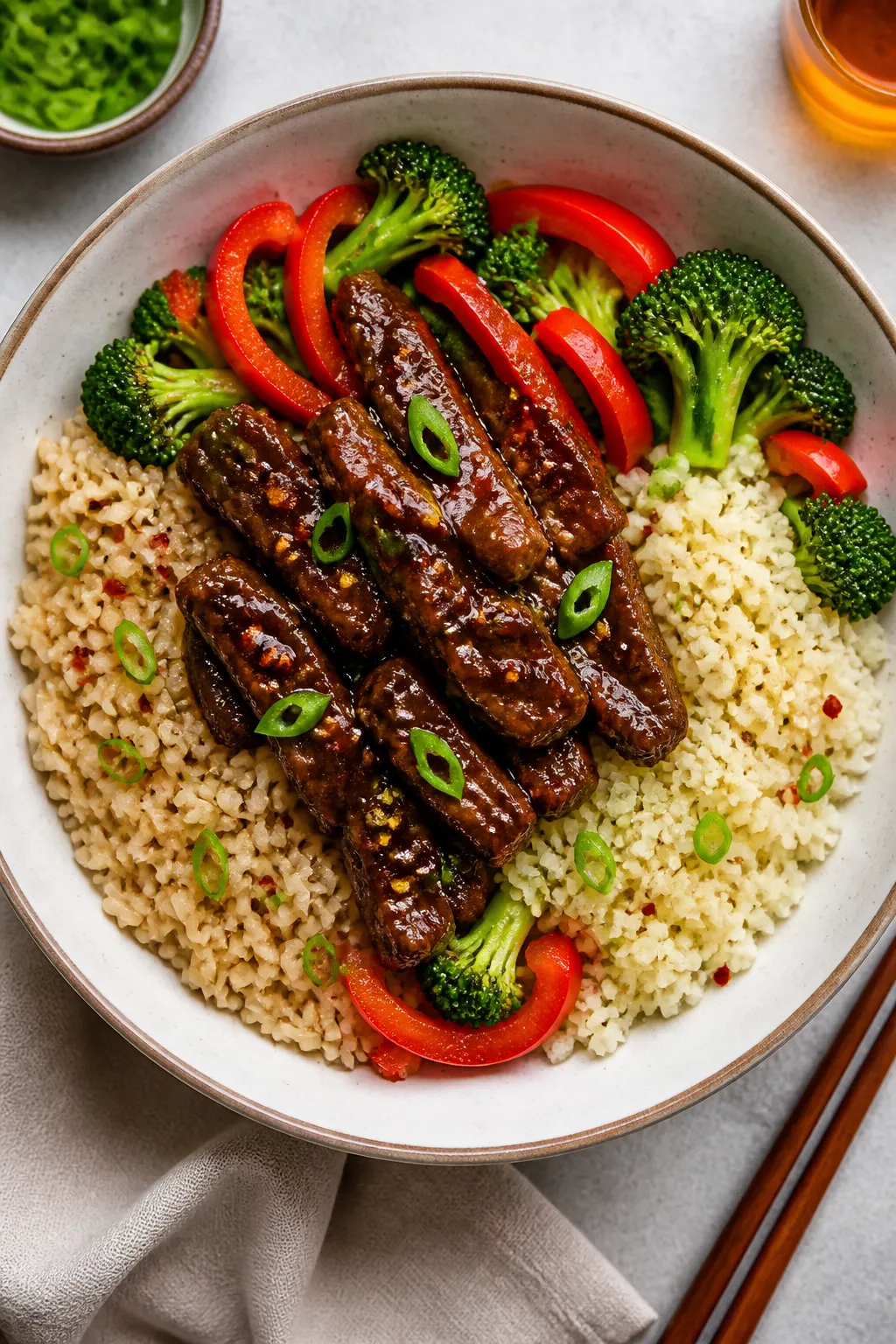 Tasty top view — Final bowl with grains and veggies: Overhead shot of Healthy Mongolian Beef serve