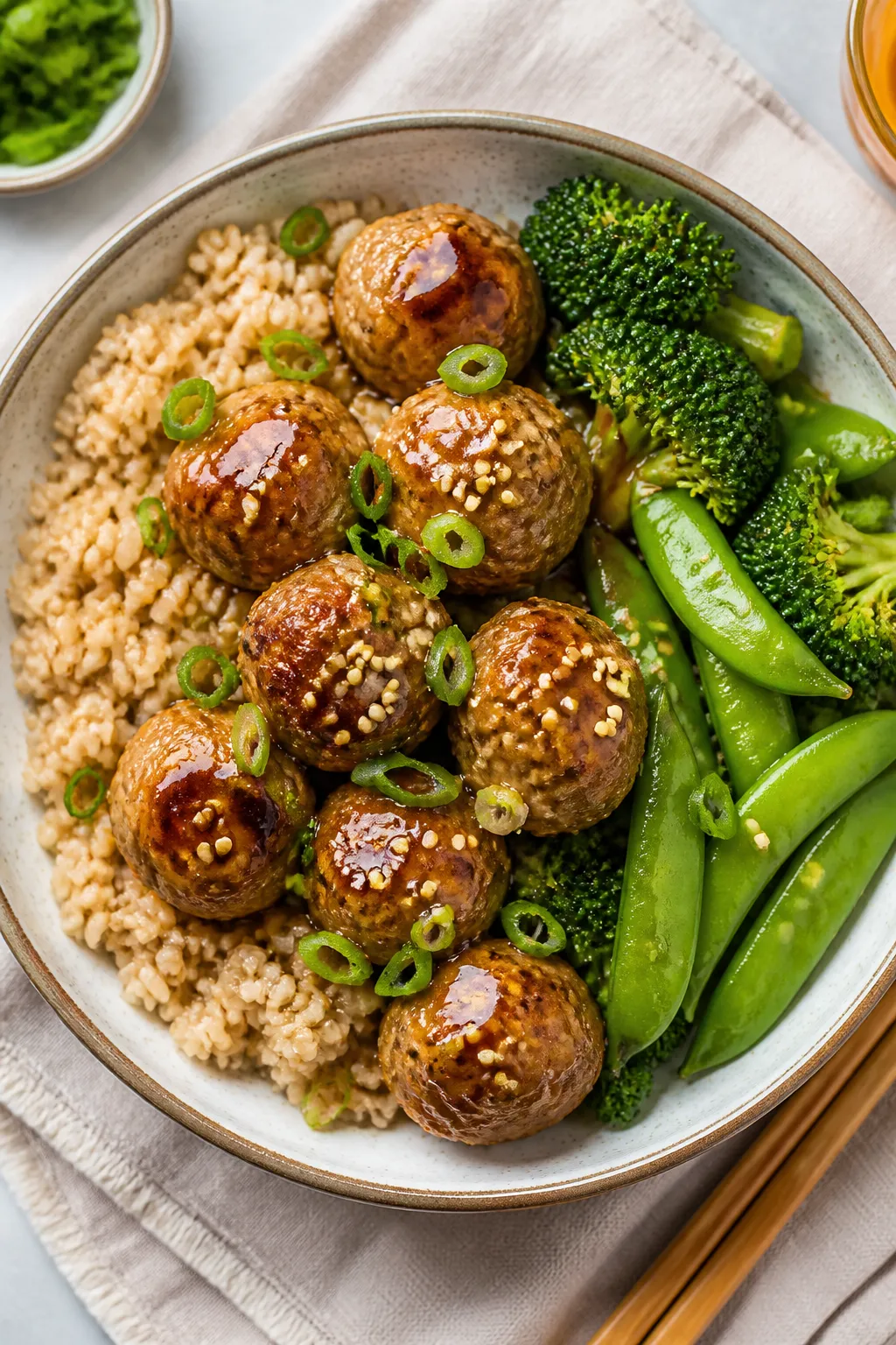 Tasty top view (final dish): Overhead shot of a bowl of Healthy Teriyaki Meatballs served over fluff