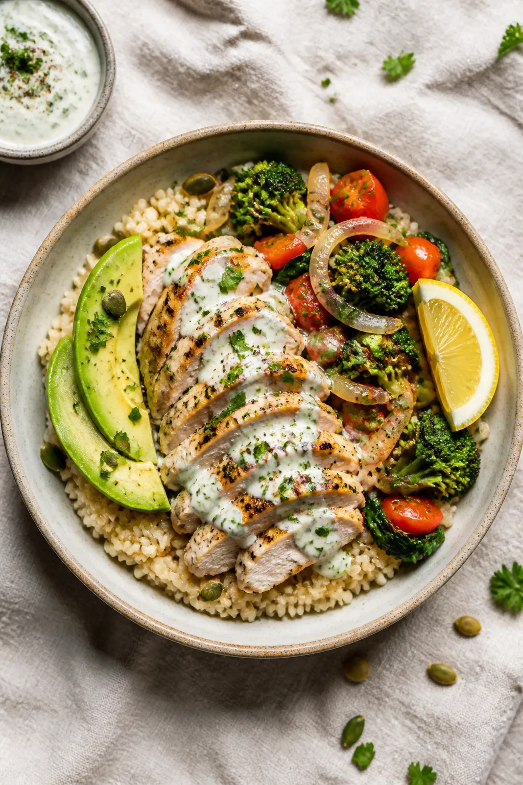 Tasty top view, final dish: Overhead shot of Garlic Butter Chicken Protein Bowl—fluffy brown rice