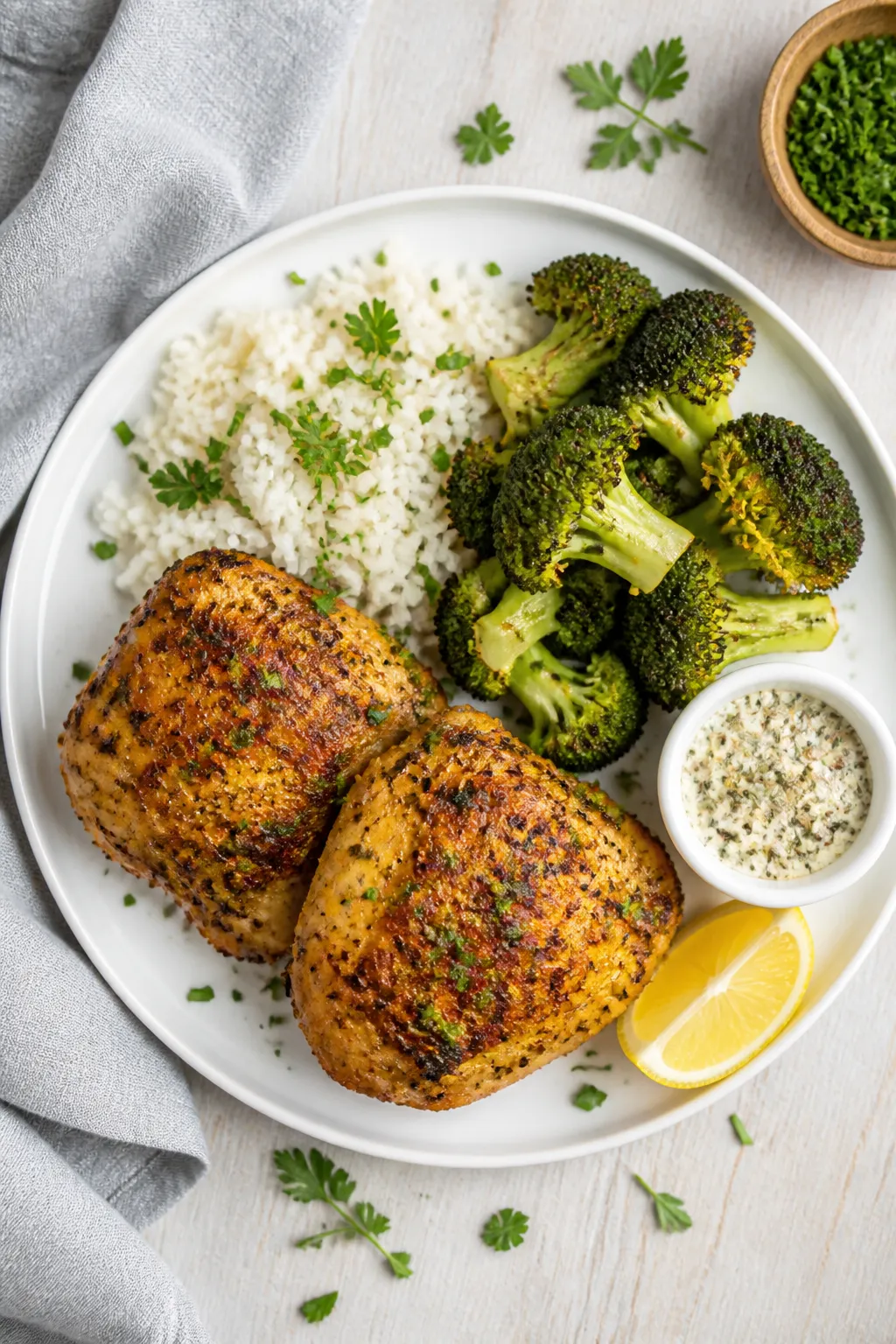 Tasty top view final plate: Overhead shot of beautifully plated High Protein Ranch Chicken Thighs (t