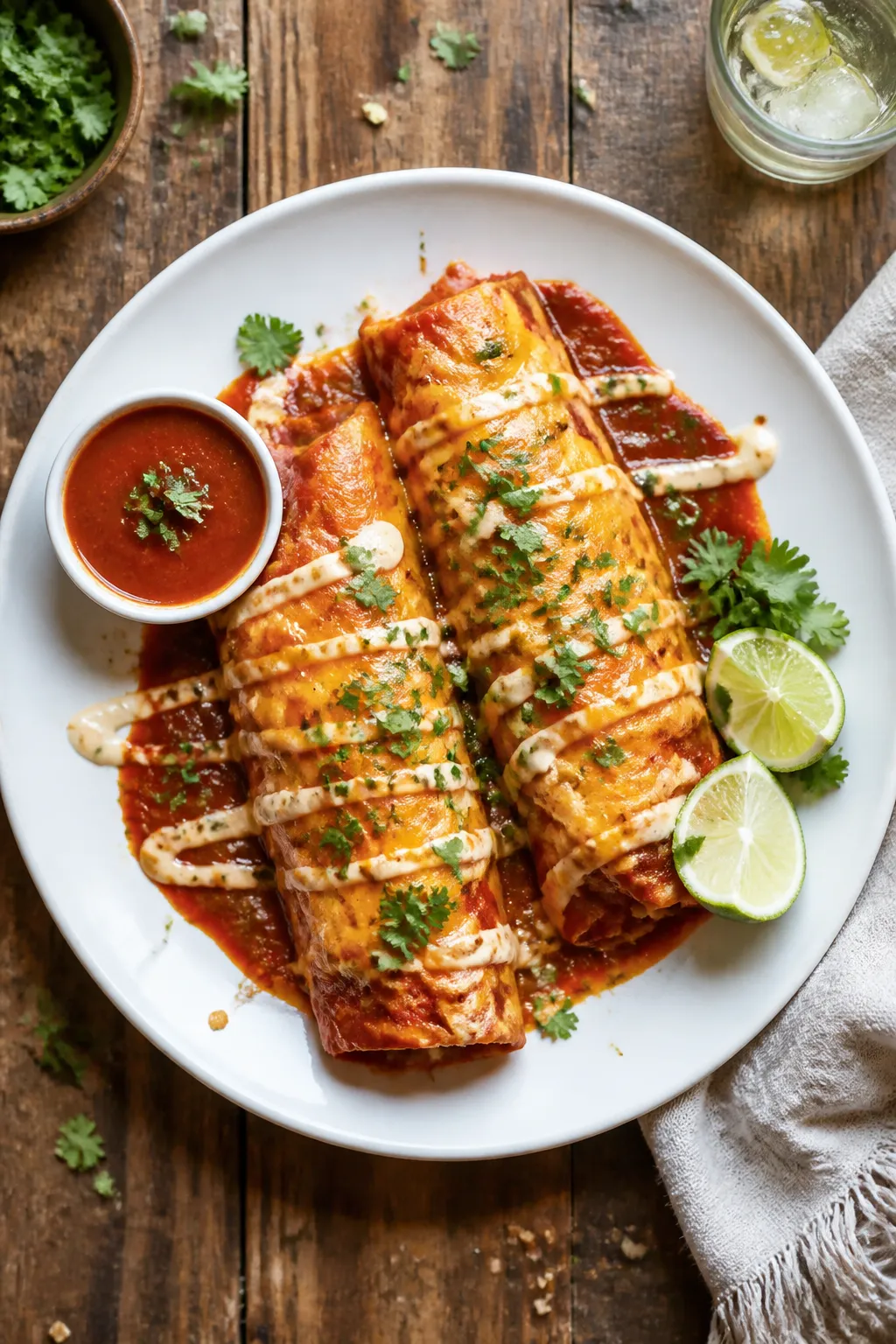 Tasty top view final plate: Overhead shot of two plated chicken enchiladas on a matte white plate, g