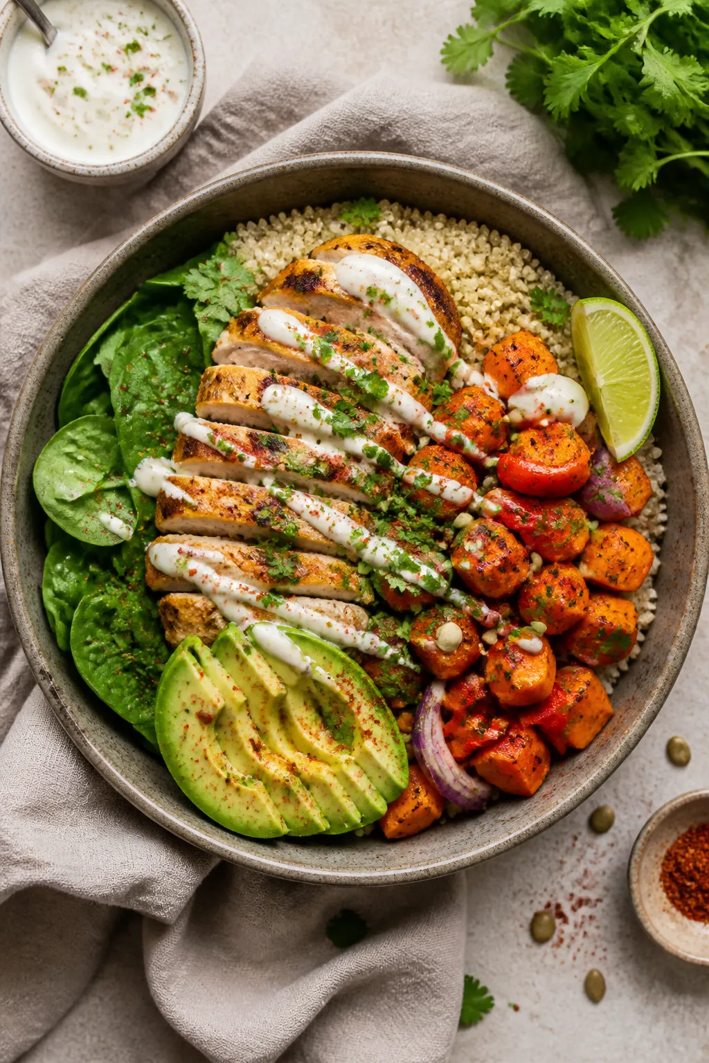 Tasty top view, final presentation: Overhead shot of a High Protein Chicken and Sweet Potato Bowl bu