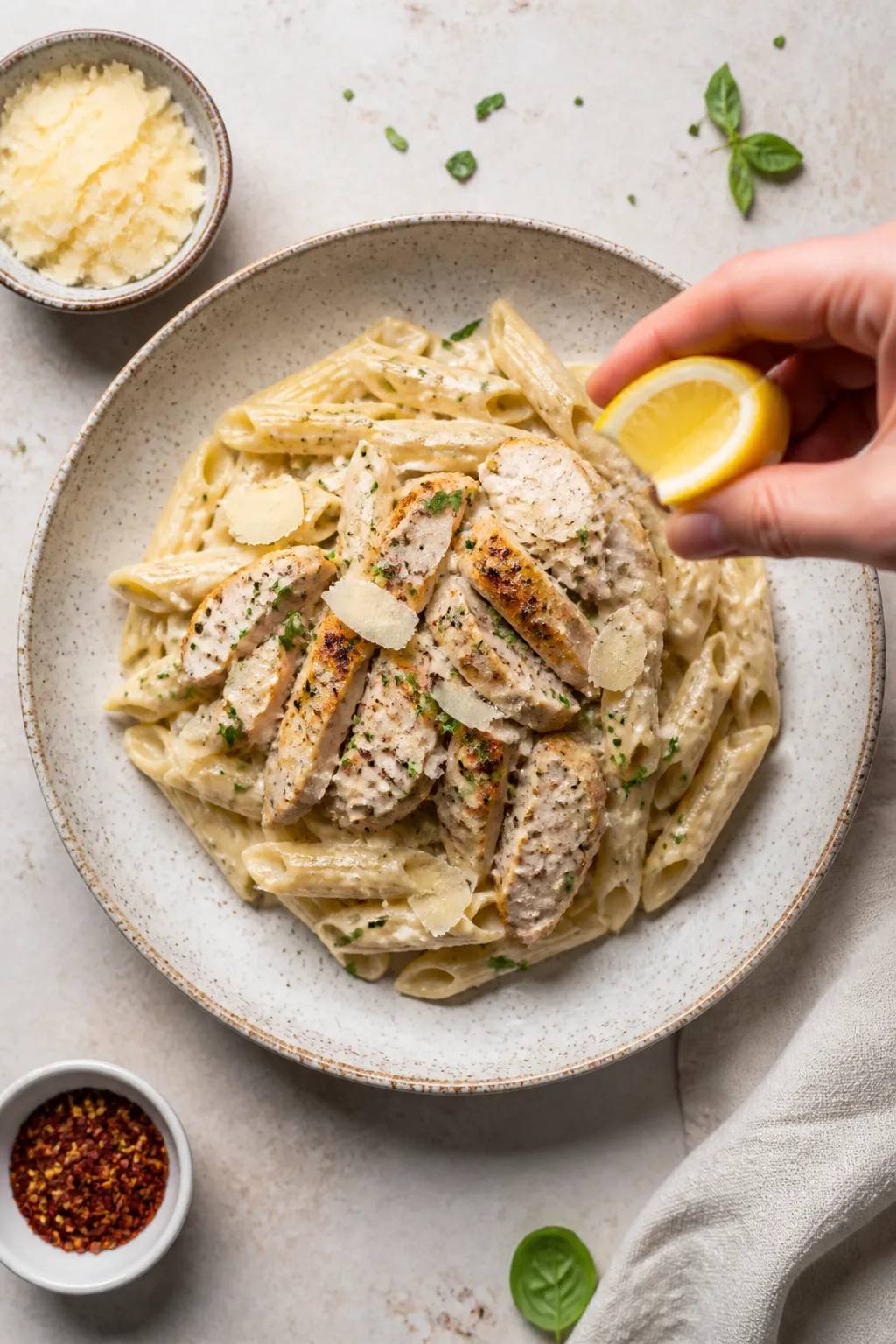 Tasty top view final presentation: Overhead shot of High Protein Chicken Alfredo twirled into a neat