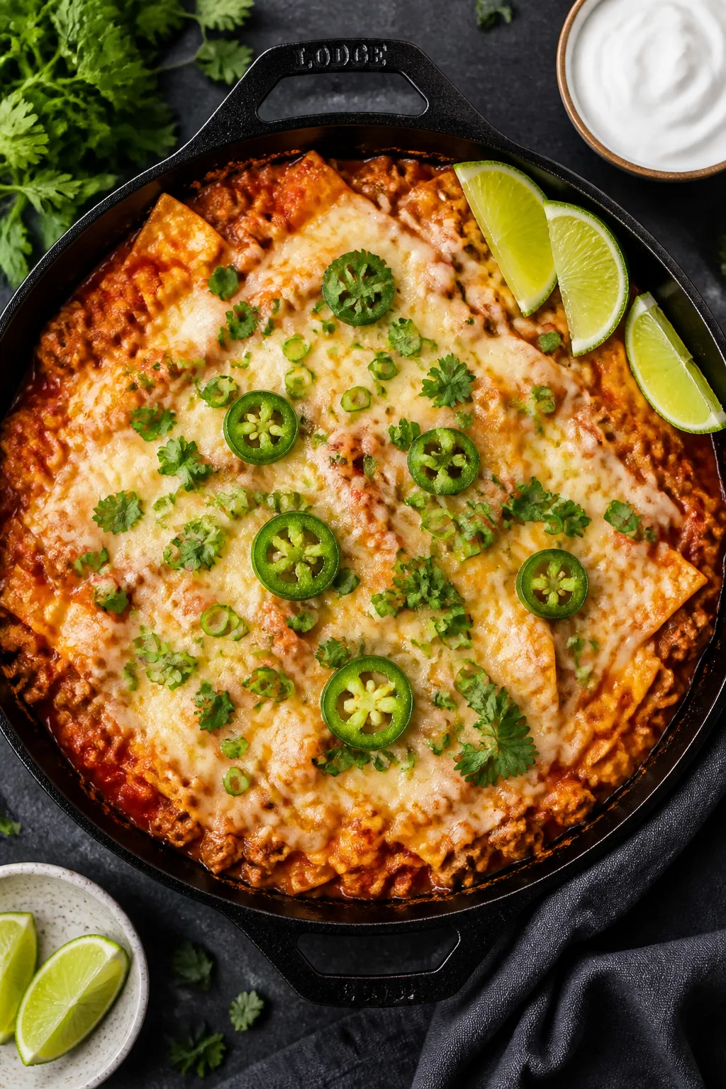 Tasty top view, final skillet: Overhead shot of the finished Ground Turkey Enchilada Skillet with co