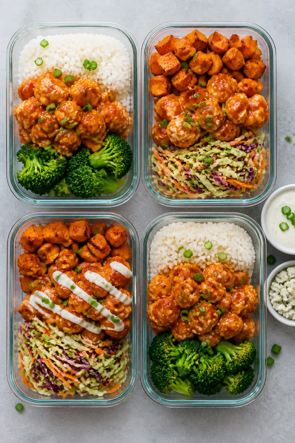 Tasty top view for meal prep: Overhead shot of four meal prep containers arranged on a light stone s