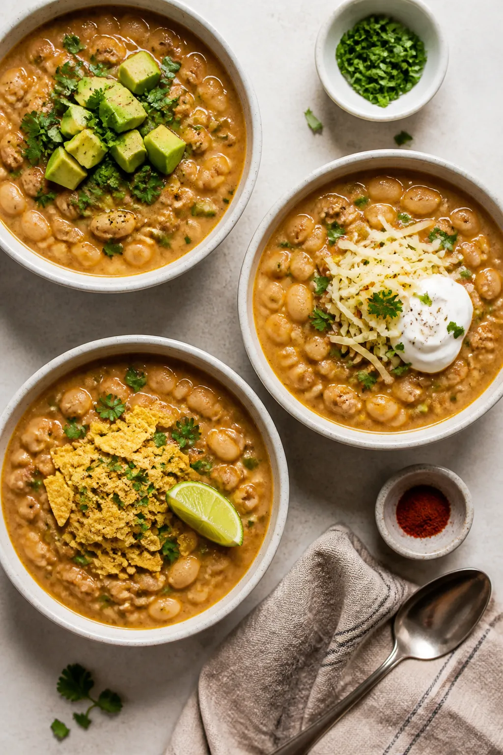 Tasty top view for meal prep/serving: Overhead shot of multiple bowls of Crockpot white bean turkey 