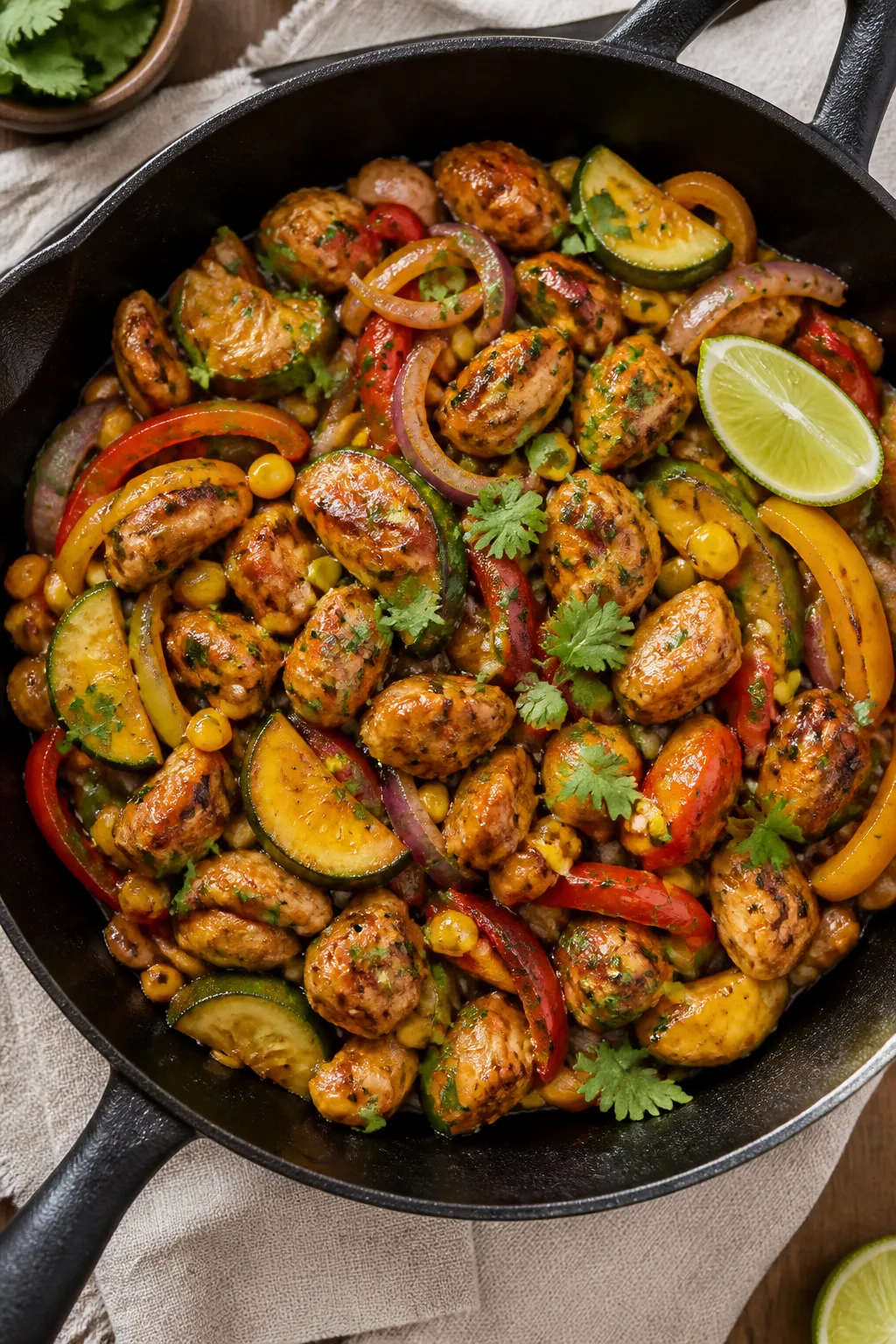 Tasty top view — Glazed skillet finale: Overhead shot of the finished Healthy BBQ Chicken Skillet 