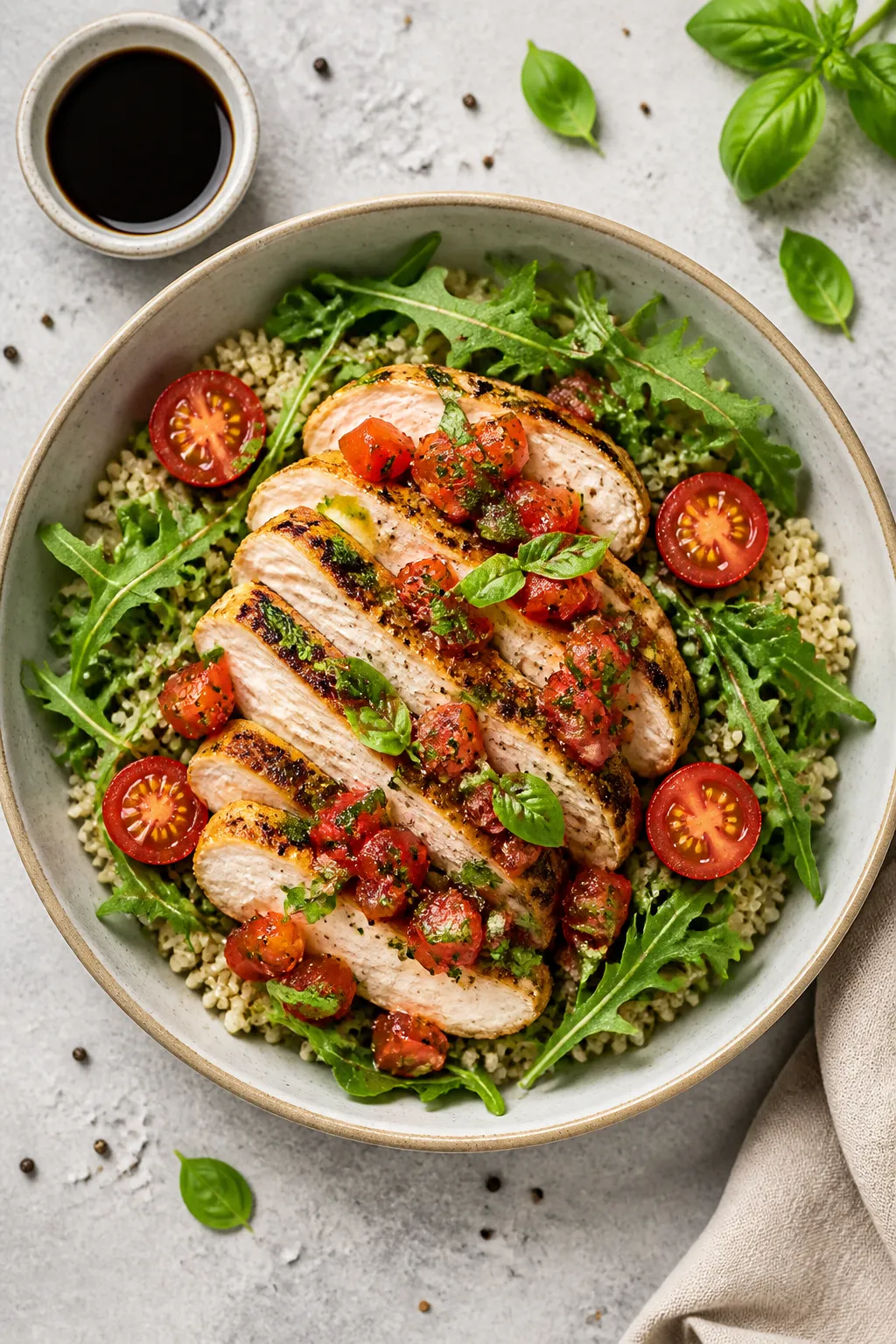 Tasty top view, meal-prep bowl: Overhead shot of a meal bowl featuring sliced bruschetta chicken fan