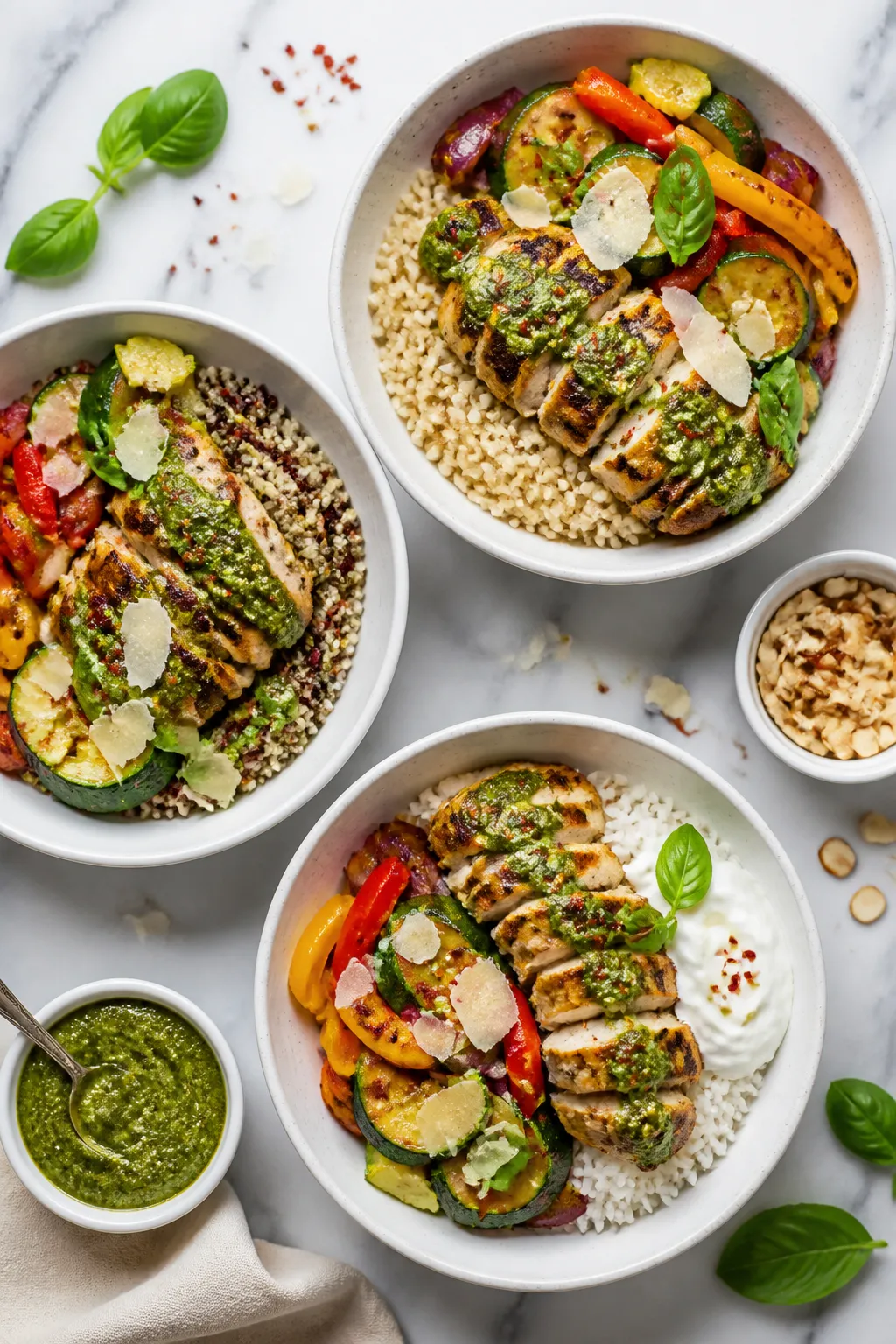 Tasty top view, meal-prep friendly variety: Overhead shot of three Chicken Pesto Rice Bowls showing 
