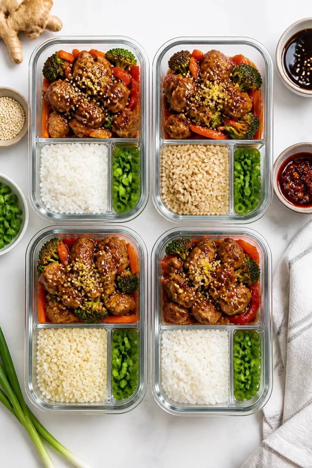 Tasty top view – meal prep variety: Overhead shot of four meal-prep containers arranged grid-style