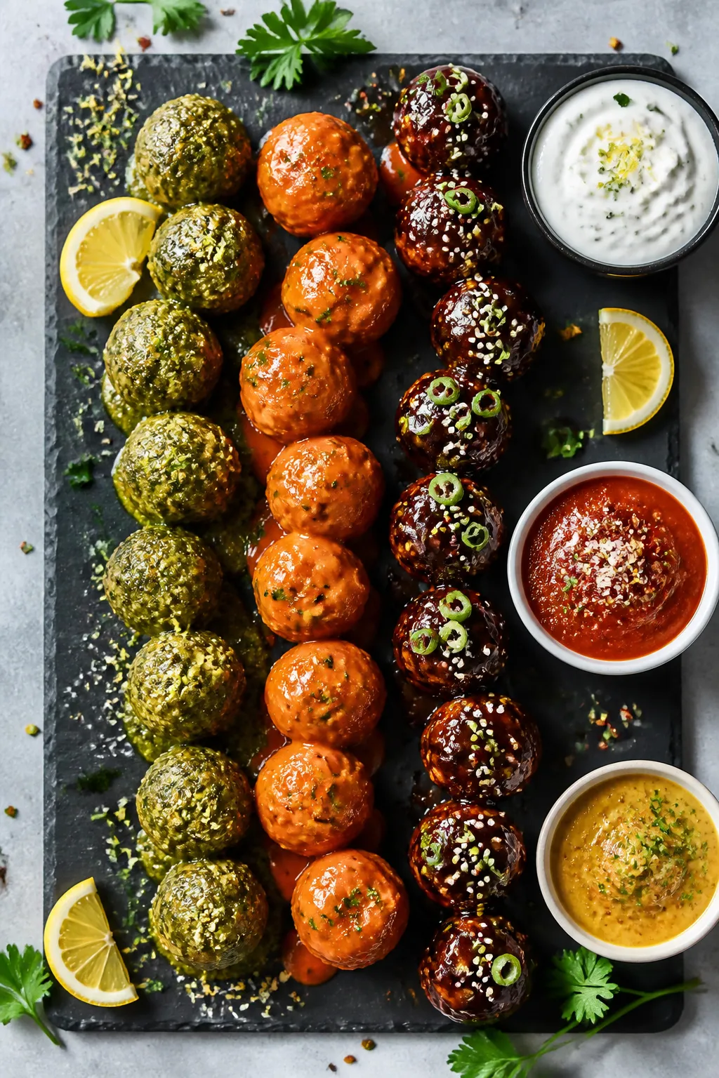 Tasty top view, mix-and-match sauces for meal prep: Overhead shot of a slate board with a neat row o