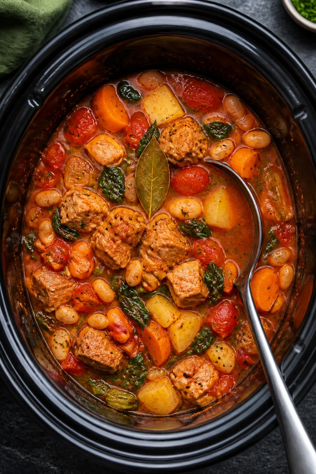 Tasty top-view of the stew in the slow cooker: Overhead shot of finished protein-packed pork stew in