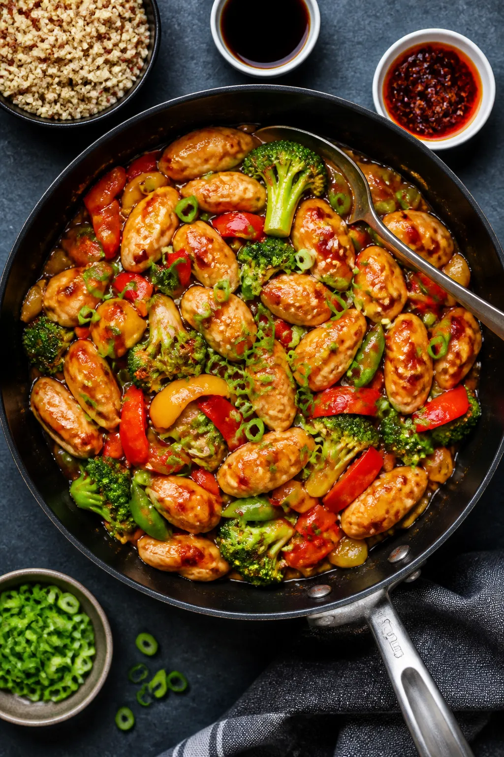 Tasty top view, overhead abundance: Overhead shot of a family-style skillet of finished garlic chick