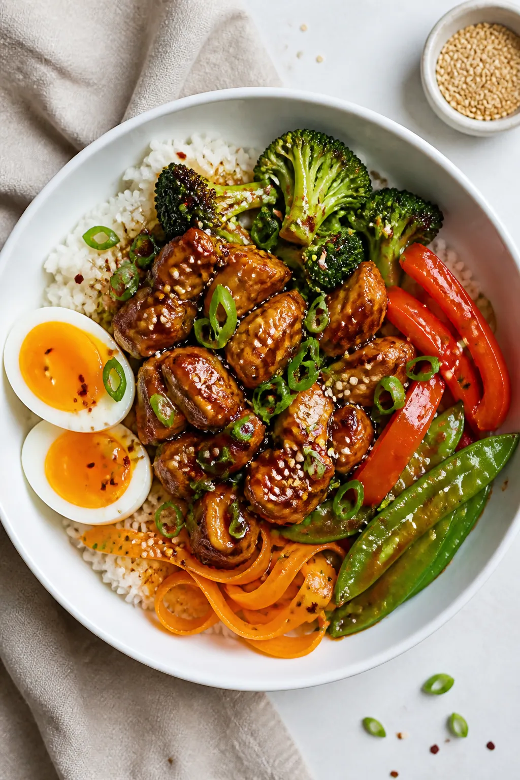 Tasty top view, overhead bowl: Overhead shot of a High Protein Chicken Teriyaki Bowl—fluffy jasmin
