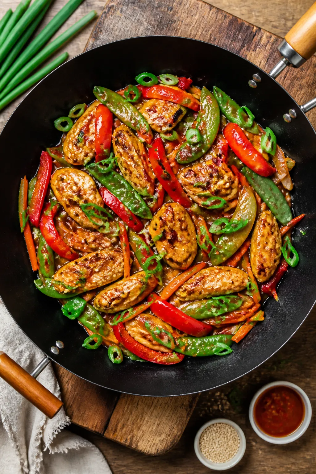 Tasty top view, overhead family-style: Overhead shot of Easy Chicken Stir Fry served family-style in