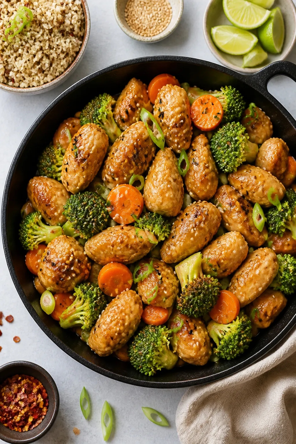 Tasty top view, overhead hero: Overhead shot of Healthy Sesame Chicken arranged family-style in a sh
