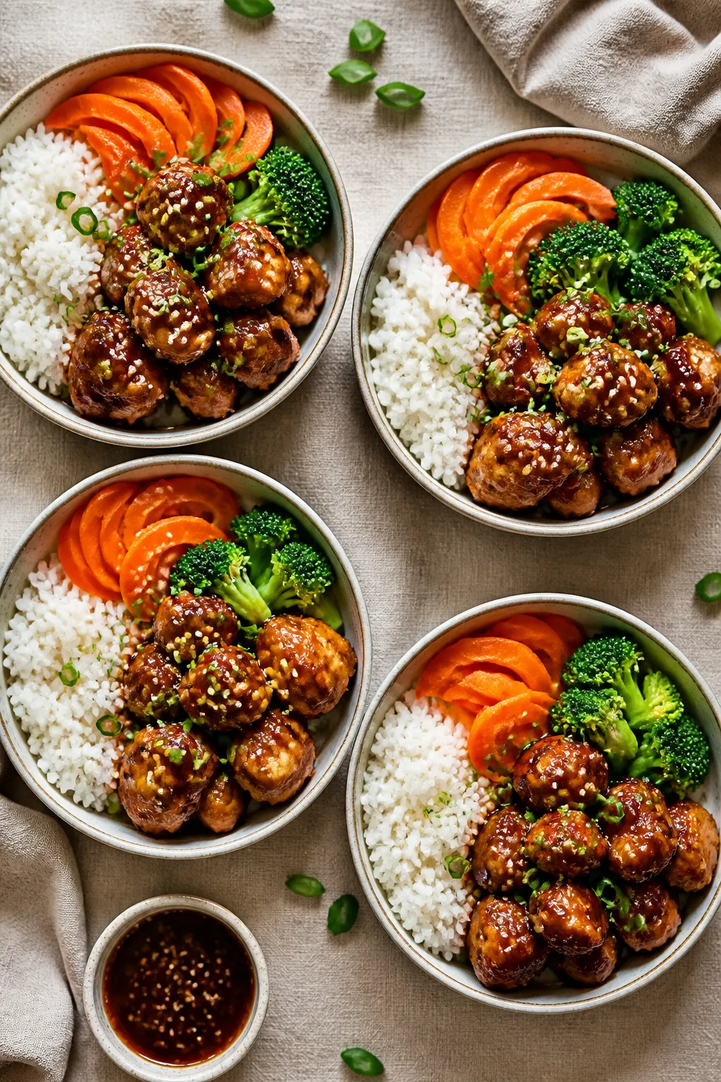 Tasty top view (overhead): Honey Garlic Chicken Bowls assembled for meal prep—four open bowls arra