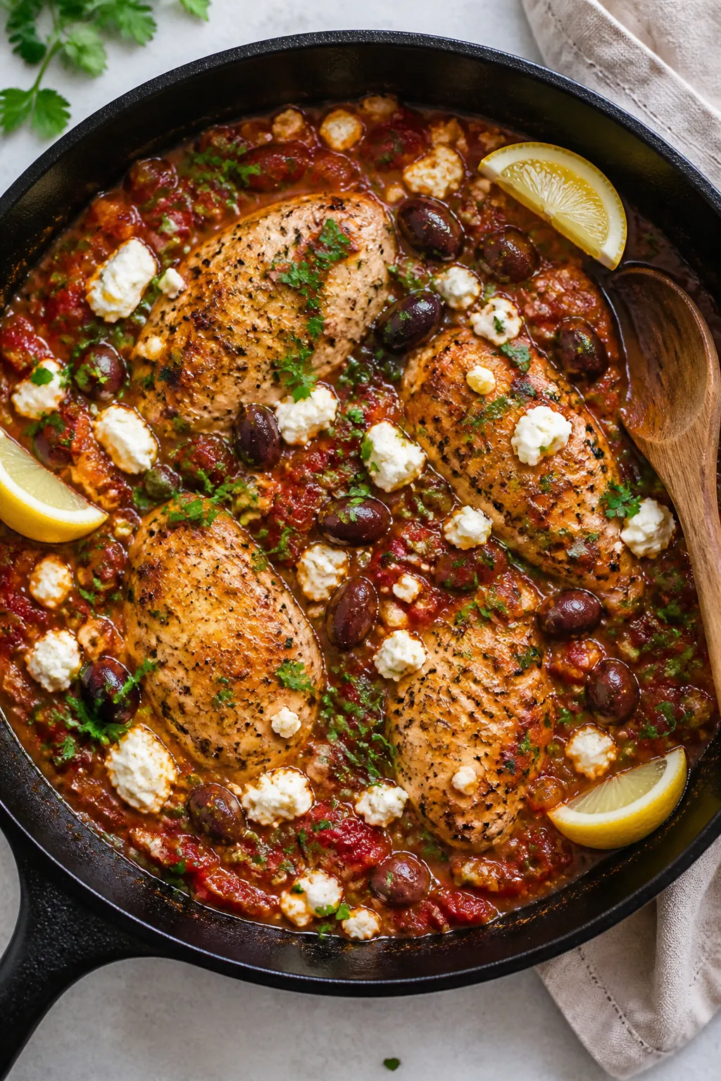 Tasty top view, overhead: One-pan High Protein Mediterranean Chicken just finished simmering—juicy
