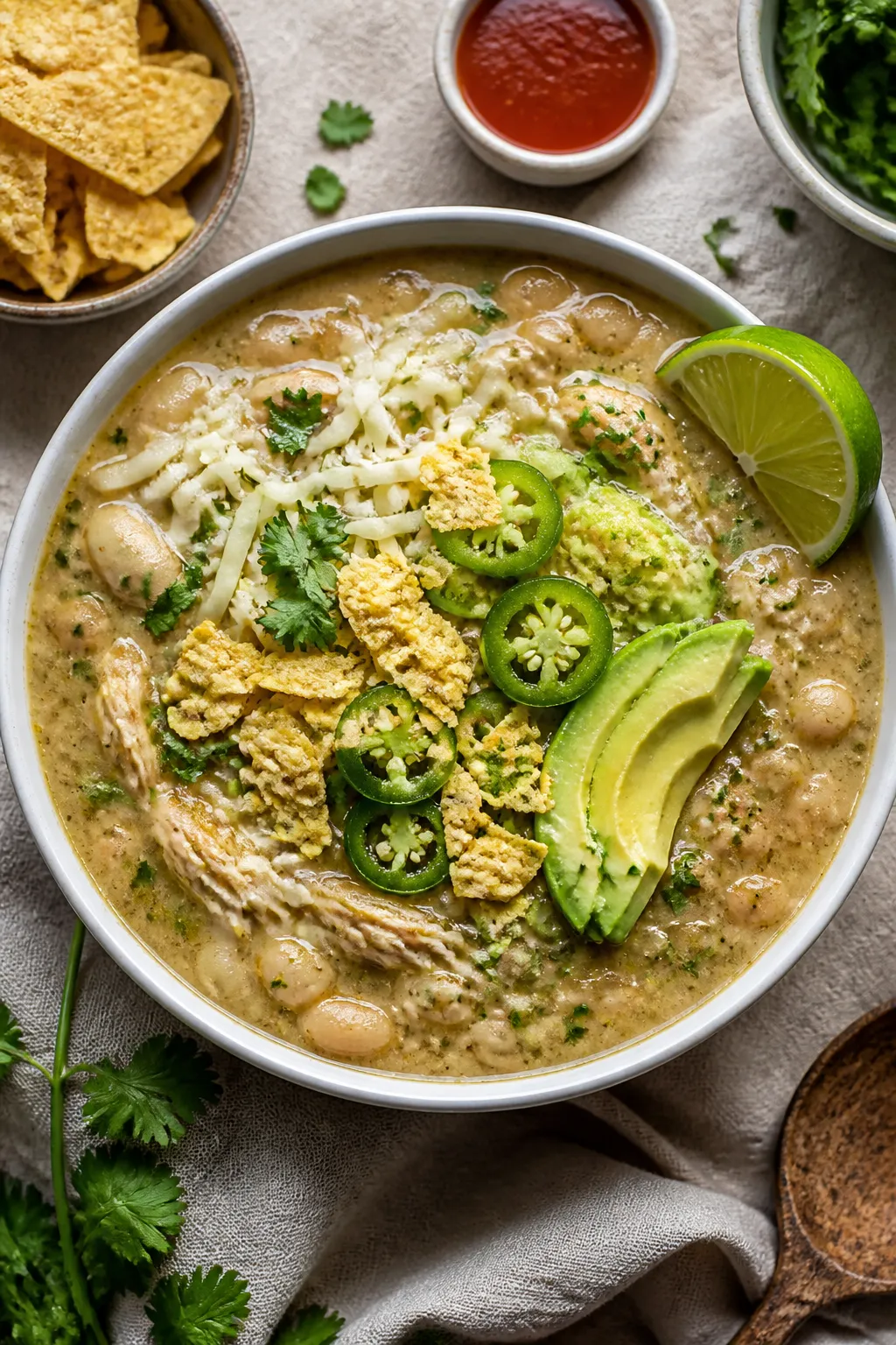 Tasty top view, overhead: Overhead shot of a hearty bowl of Slow Cooker White Bean Chicken Chili, th