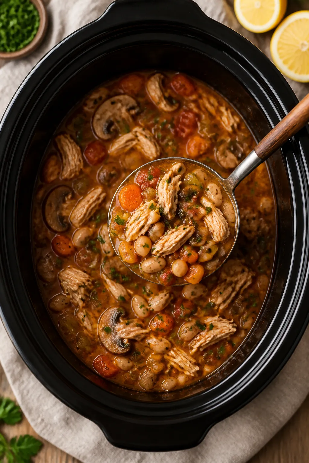 Tasty top view, overhead: Overhead shot of a ladle hovering above the slow cooker, scooping a hearty