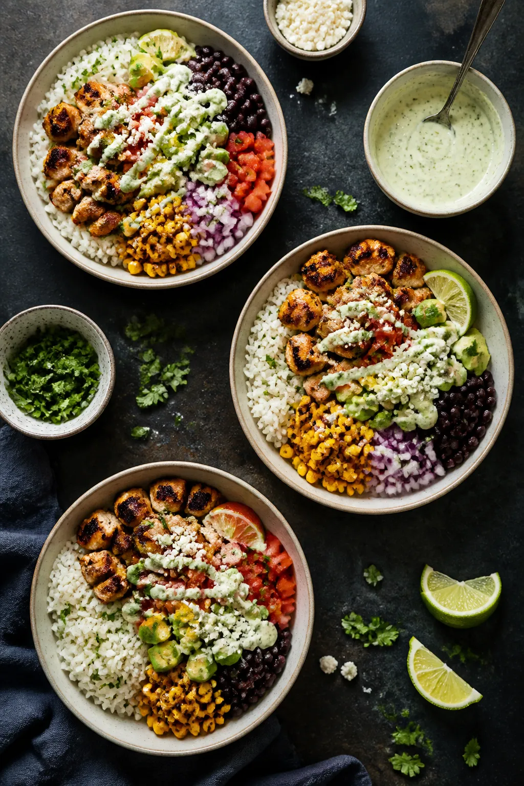 Tasty top view, overhead: Overhead shot of a meal-prep lineup—three open bowls of finished street 