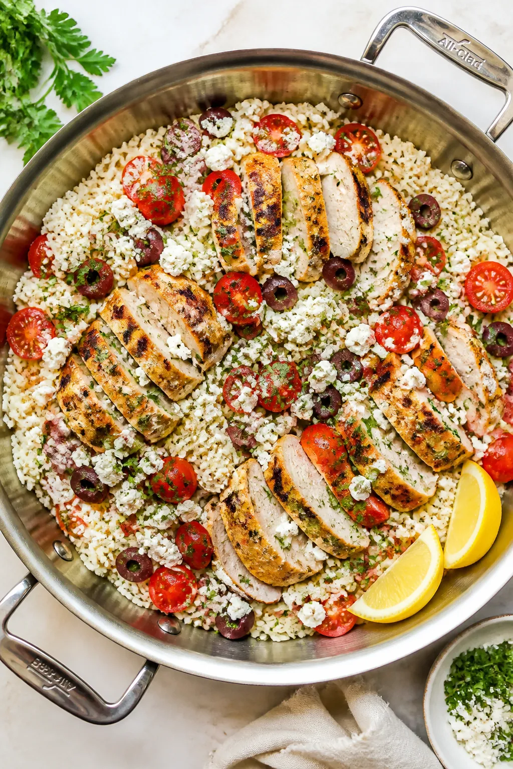 Tasty top view, overhead: Overhead shot of fluffy long-grain rice just finished steaming, topped wit
