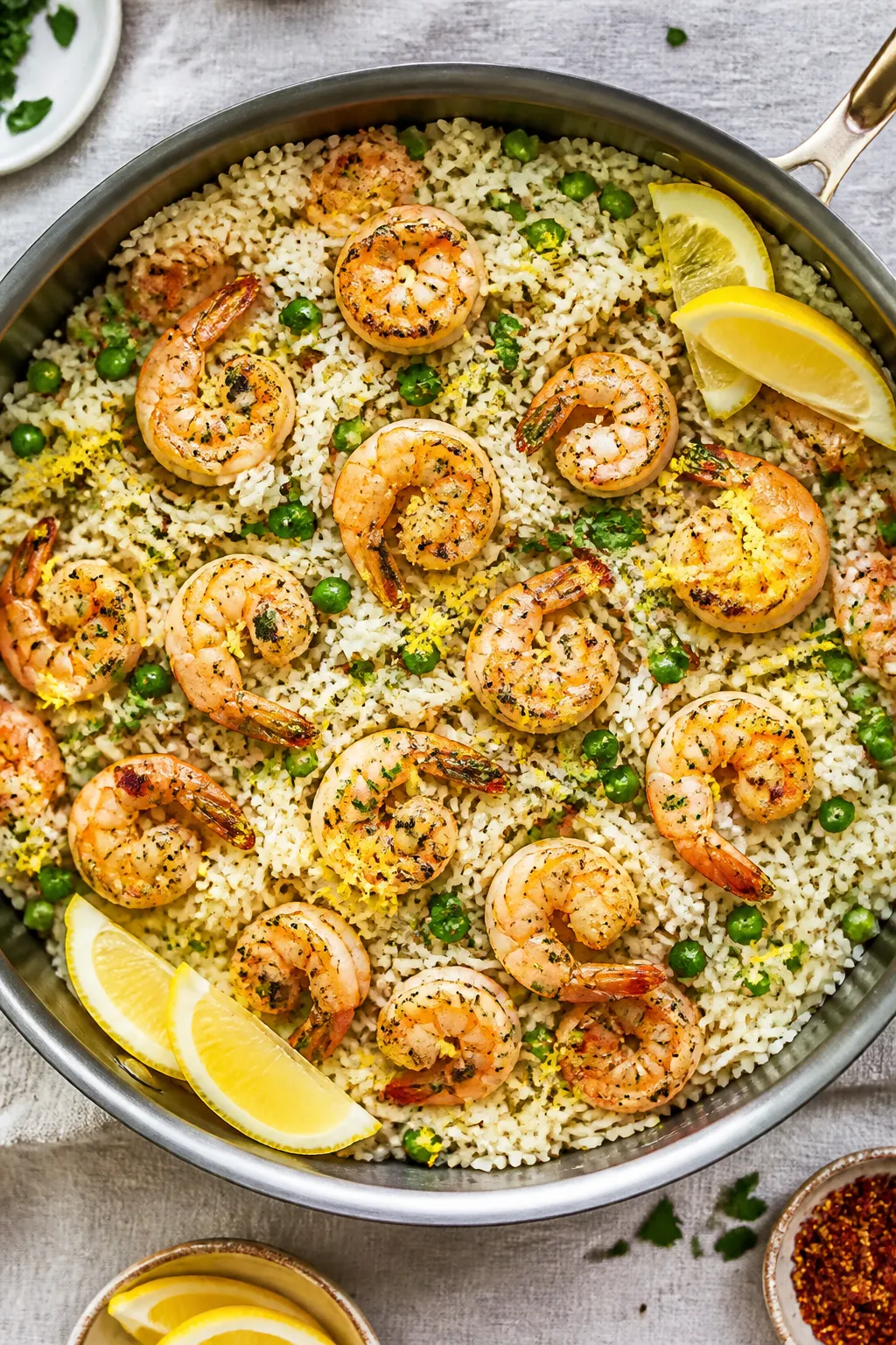 Tasty top view, overhead: Overhead shot of Lemon Garlic Shrimp and Rice in a wide skillet, every gra