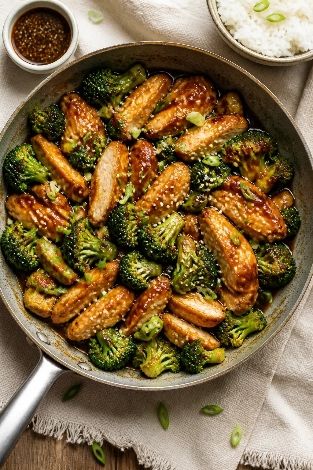Tasty top view, overhead: Overhead shot of the finished One Pan Chicken and Broccoli served family-s