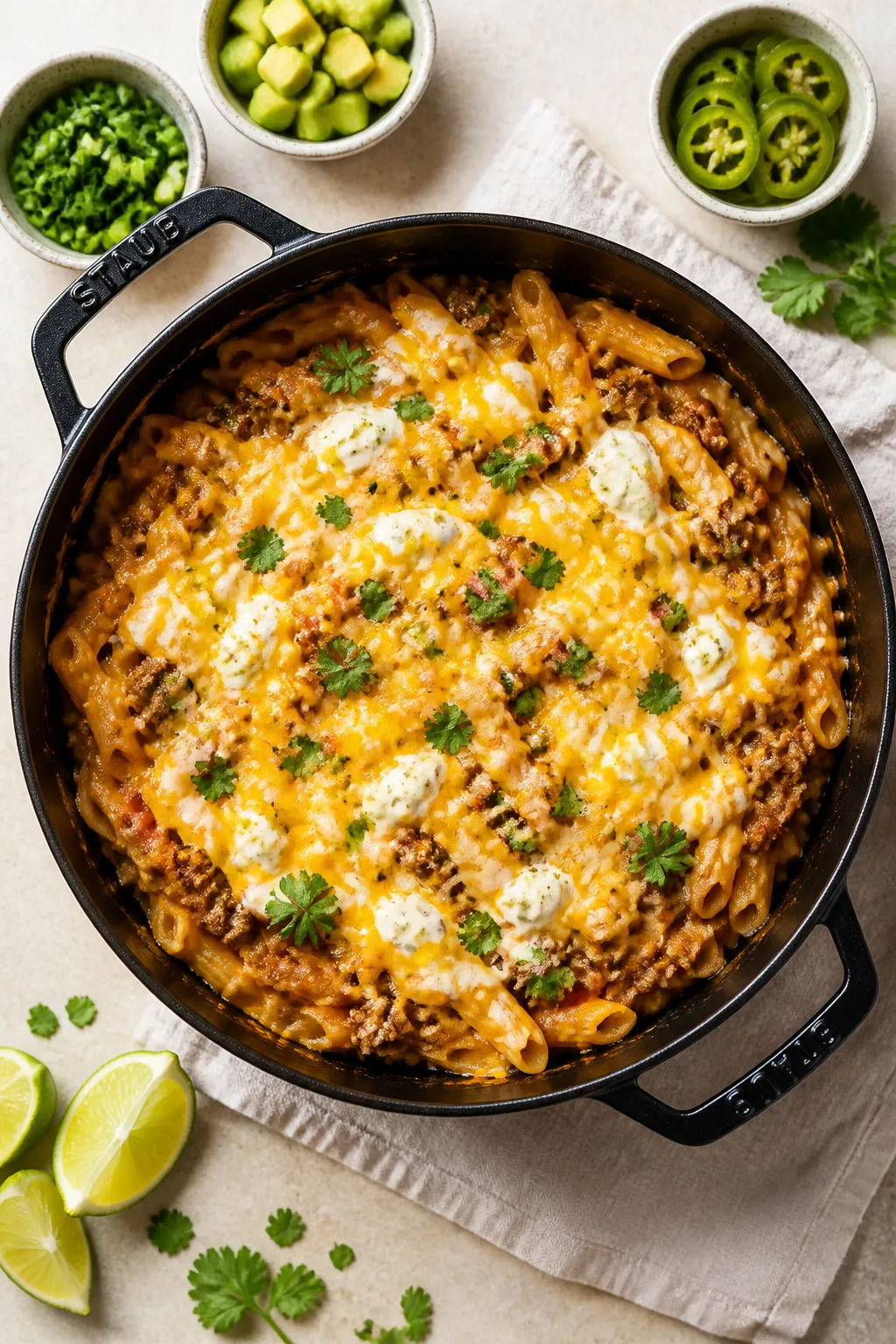 Tasty top view, overhead: Overhead shot of the finished Ground Turkey Taco Pasta in a Dutch oven, to