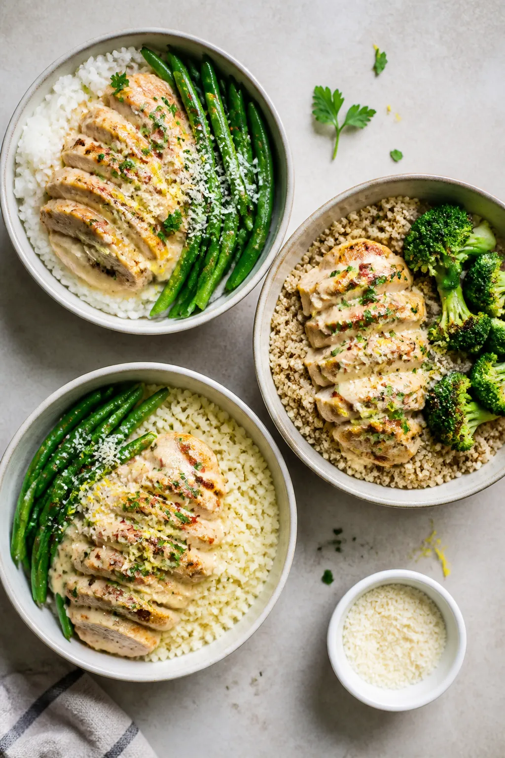 Tasty top view, overhead: Overhead shot of three meal-prep bowls: one with fluffy white rice, one wi