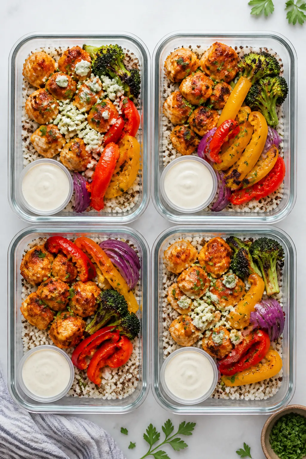 Tasty top view: Overhead shot of 4 meal prep containers neatly assembled—base of fluffy white rice