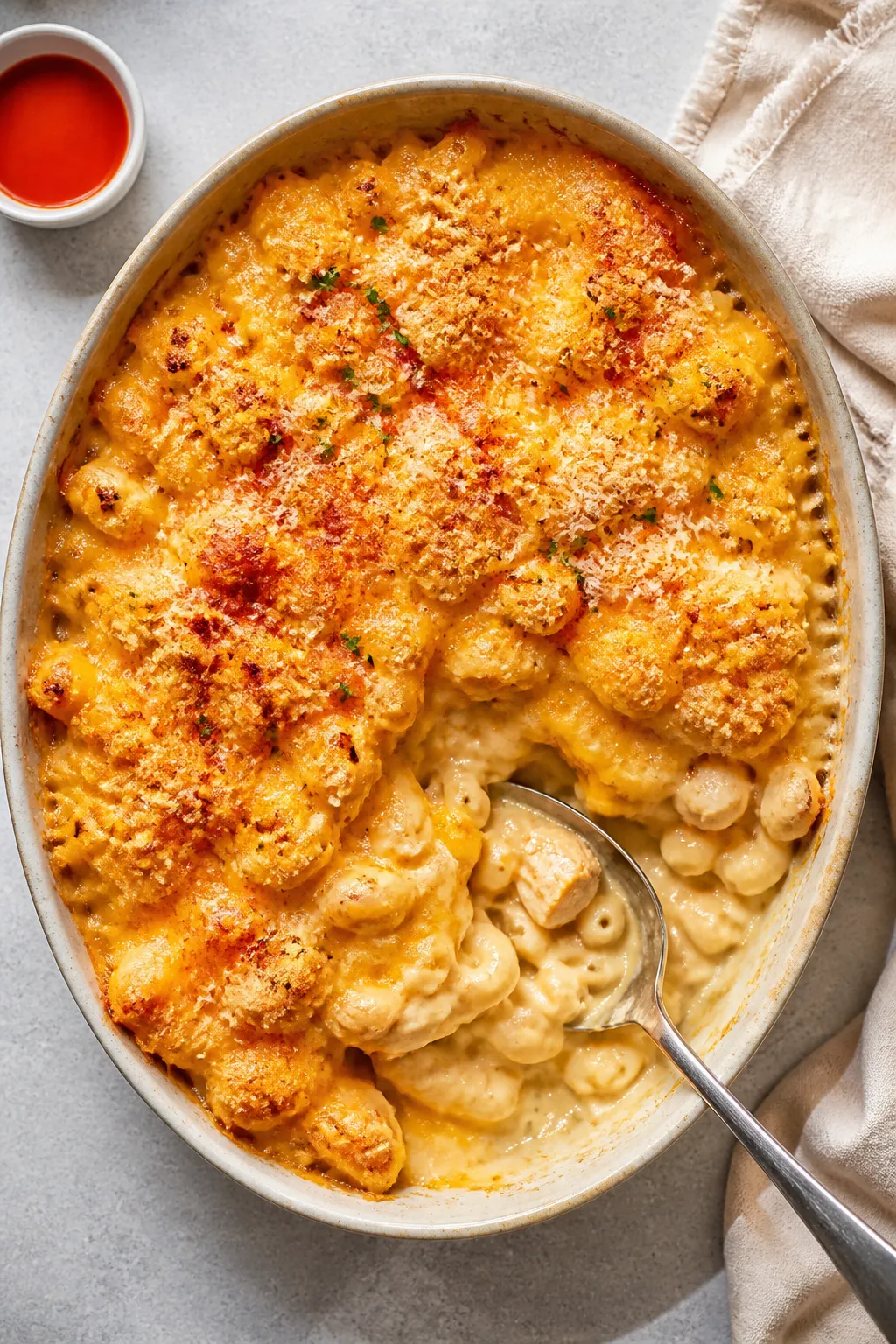 Tasty top view: Overhead shot of a baked high-protein chicken mac and cheese in a shallow casserole,