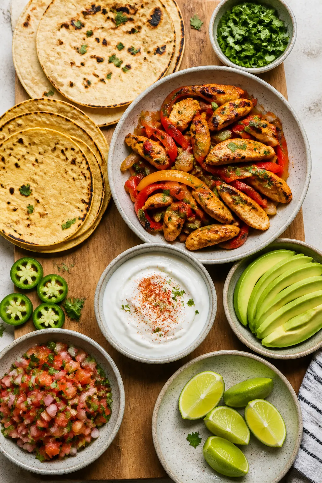 Tasty top view: Overhead shot of a build-your-own chicken fajita spread, warm lightly charred whole-