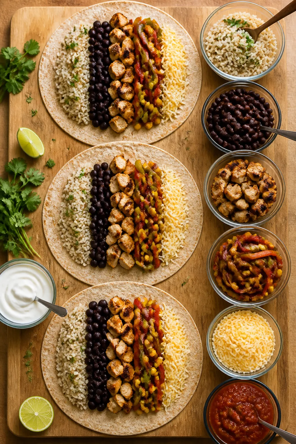 Tasty top view: Overhead shot of a burrito assembly line on a clean wooden board—warmed whole-whea